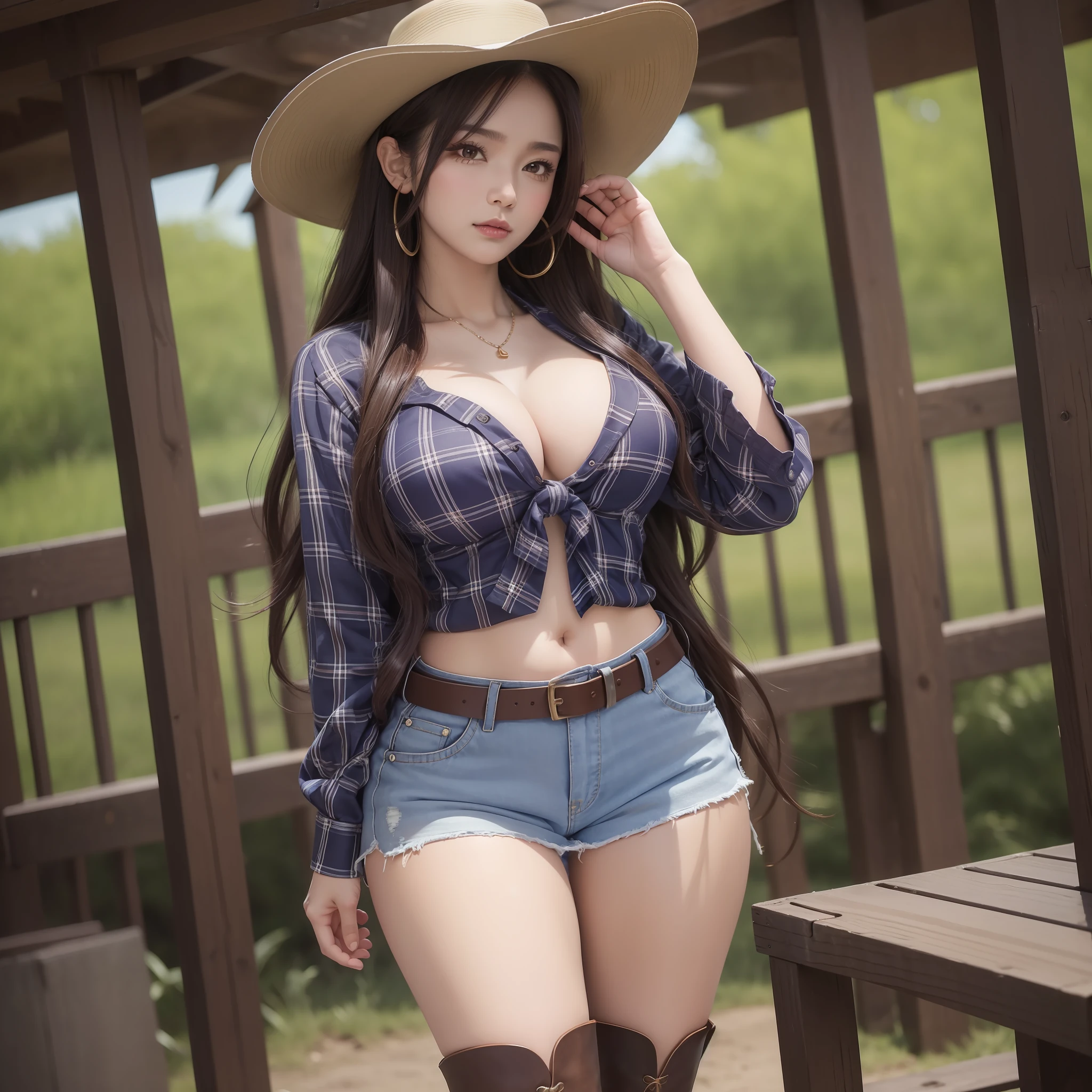 Abigail Bria Tun, Masterpiece, Best Quality, One Girl, Solo, Navel, Cleavage, Shirt, Belt, Midriff, Plaise, Abs, Plaid Shirt, Front Tie Top, Knotted Shirt, , Farm, Ranch, Barn, ((Night)), ((Mature Woman)), Big, Constriction, Natural Makeup, Deep cleavage Exposed 1/2, Cowboy Boots, Middle Character, Standing, shiny big, shiny skin, blush, eyeliner, (cowboy shot), blurred background, mouth closed, constricted, dark brown wavy hair , western hat,