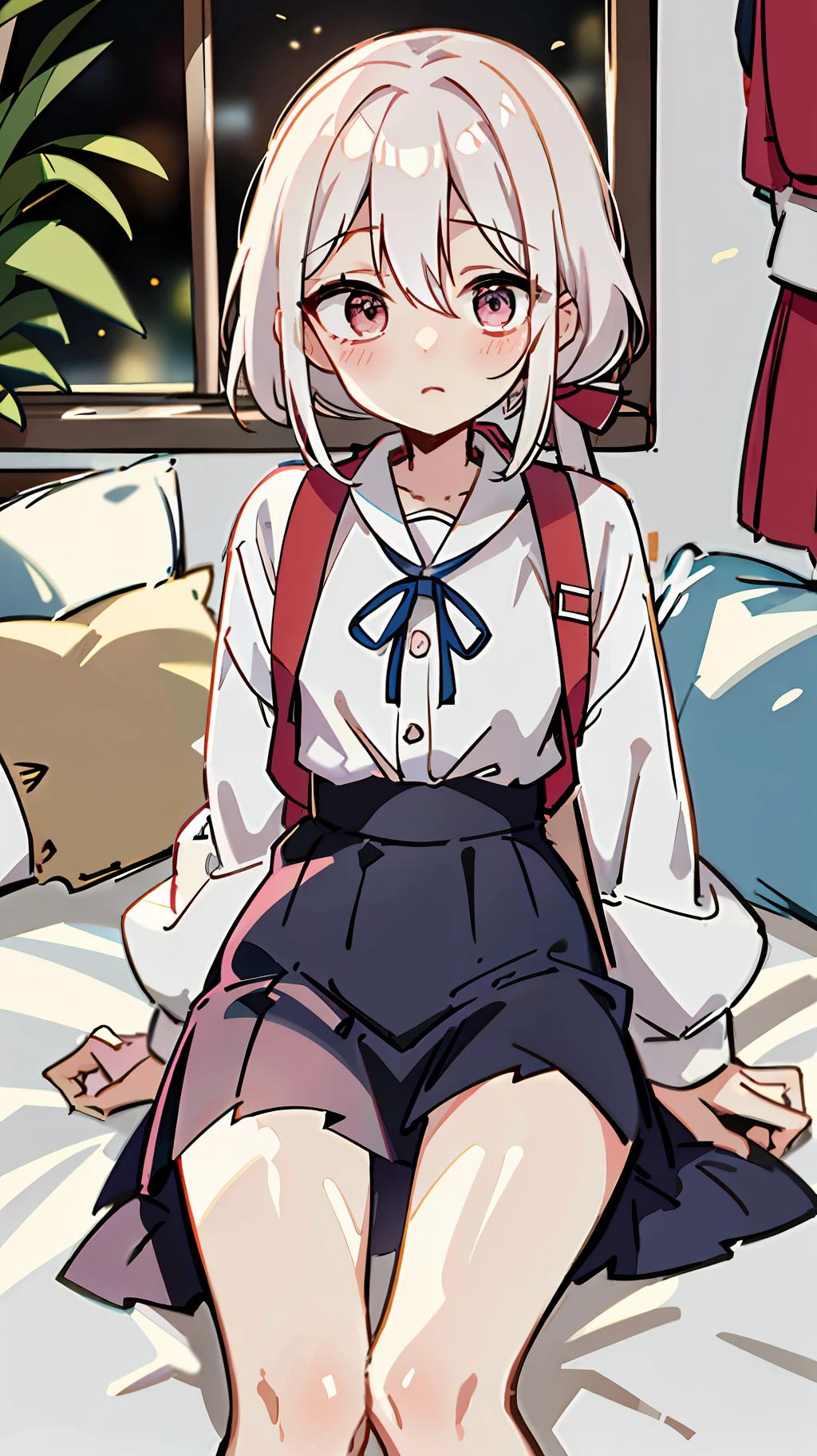 1 girl, higg resolution, 8k, with japanse summer school uniform, tight uniform, undressing, laying off the bed, looks shy, blushing, no panties, redish eye, white hair