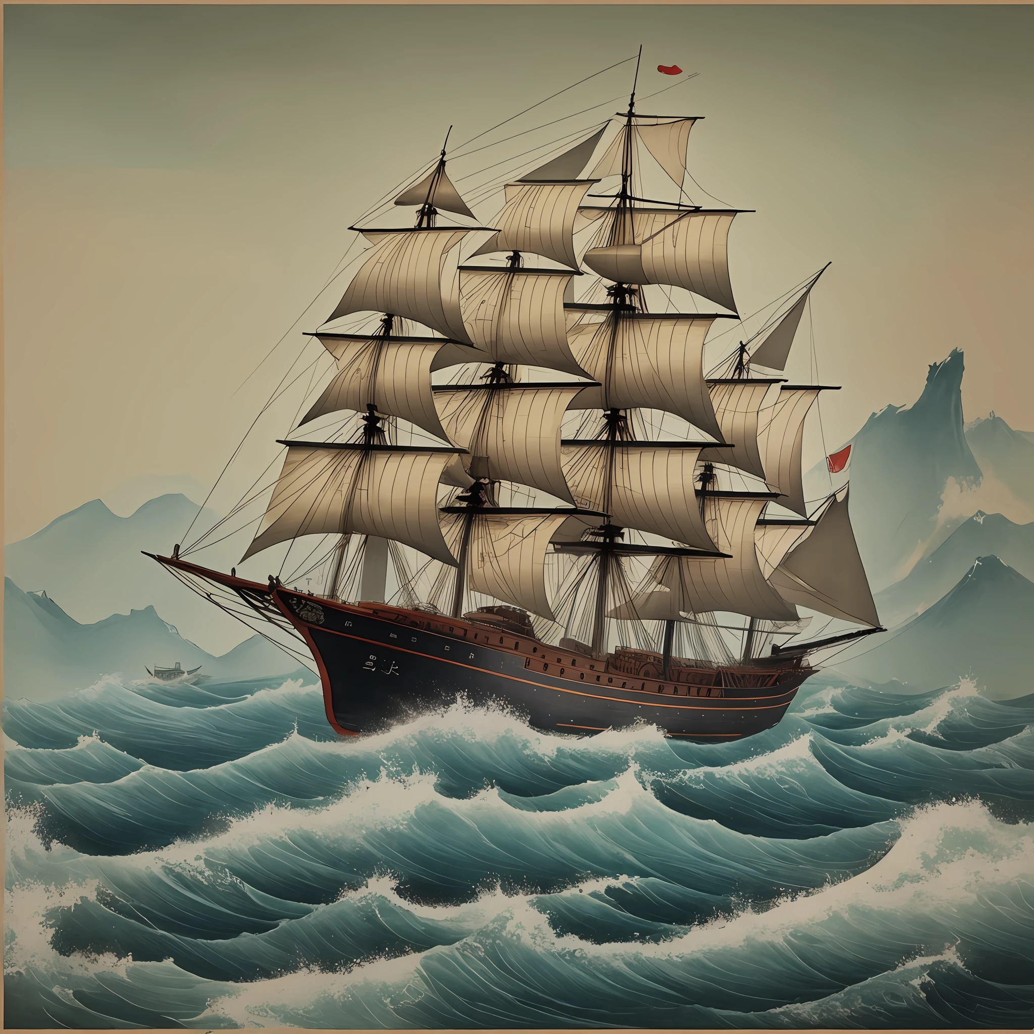 An artistic picture of a Chinese painting of a ship going to sea, (very detailed: 1.2), high resolution, --auto --s2