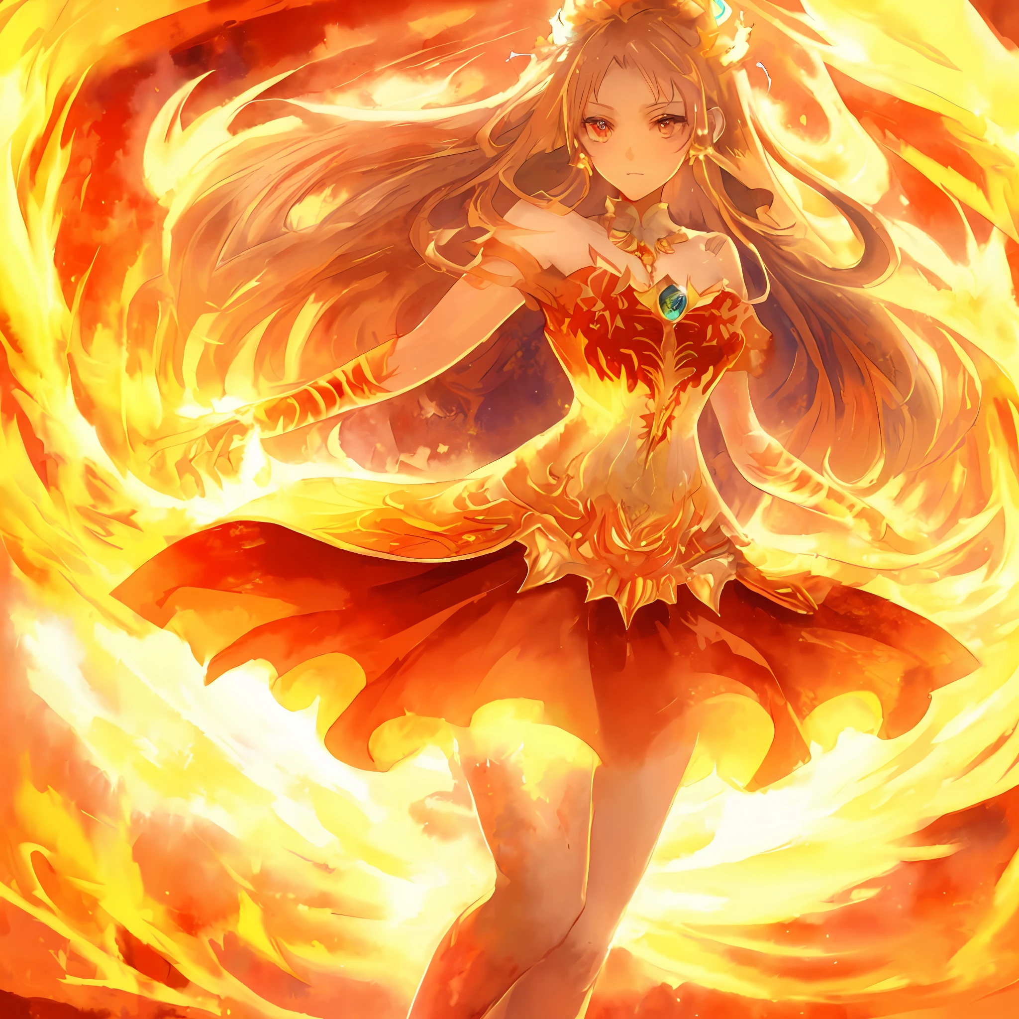 an extremely beautiful girl, beautiful orange eyes, happy, extremely detailed face and eyes, beautiful flames hair, beautiful detailed flames dress, very beautiful detailed, flames landscape, extremely detailed, super fine illustration, (((beautiful waifu animation style))), (((watercolor wash))), line art, (((upper body shot))), (((dynamic angle))), approaching perfection, perfect anatomy, golden ratio, 5 finger ,prefect and regular fingers, insanely detailed, fantasy, concept art, (((masterpiece))), epic, cinematic, hyperdetailed painting