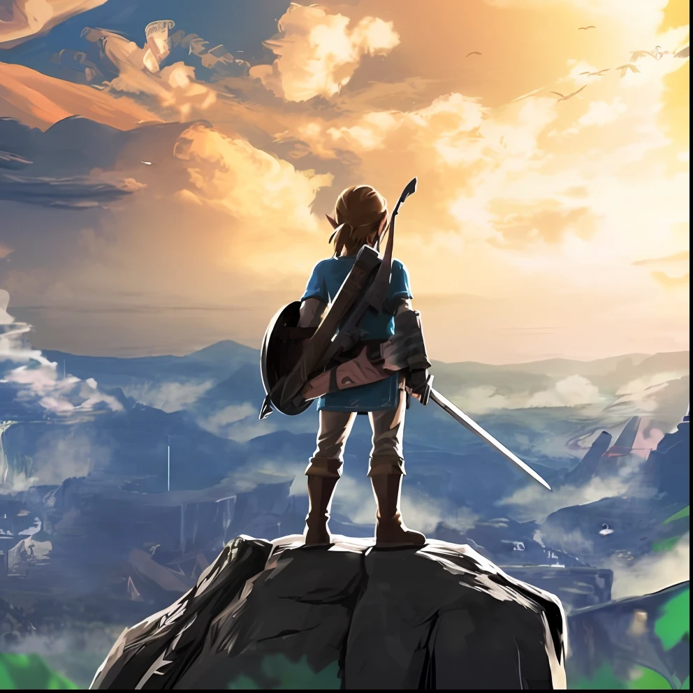 a picture taken from the top of a mountain looking at a valley, breath of the wild, zelda breath of the wild, botw, zelda botw, legend of zelda, the legend of zelda, from legend of zelda, botw style, breath of the wild style, breath of the wild art style, breath of the wild screenshot, link the movie