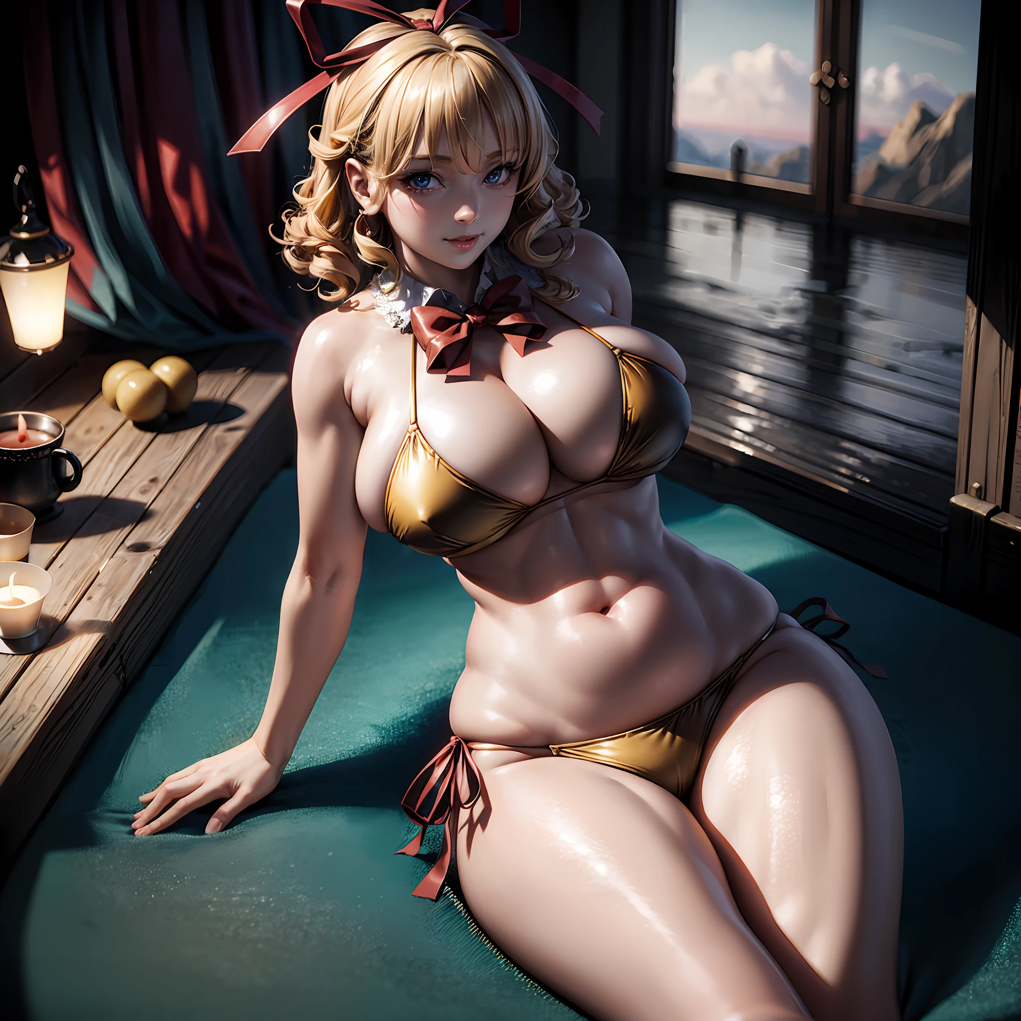 Best quality, masterpiece, ultra high res, (photorealistic:1.4), raw photo, Medicine Melancholy, bikini, huge breasts, wide hips, thick thighs, blonde hair, short hair, curly hair, silver-blue eyes, seductive smile, looking at viewer, voluptuos, red bow, hair bow, (bikini only:1), 1girl, doll joints,