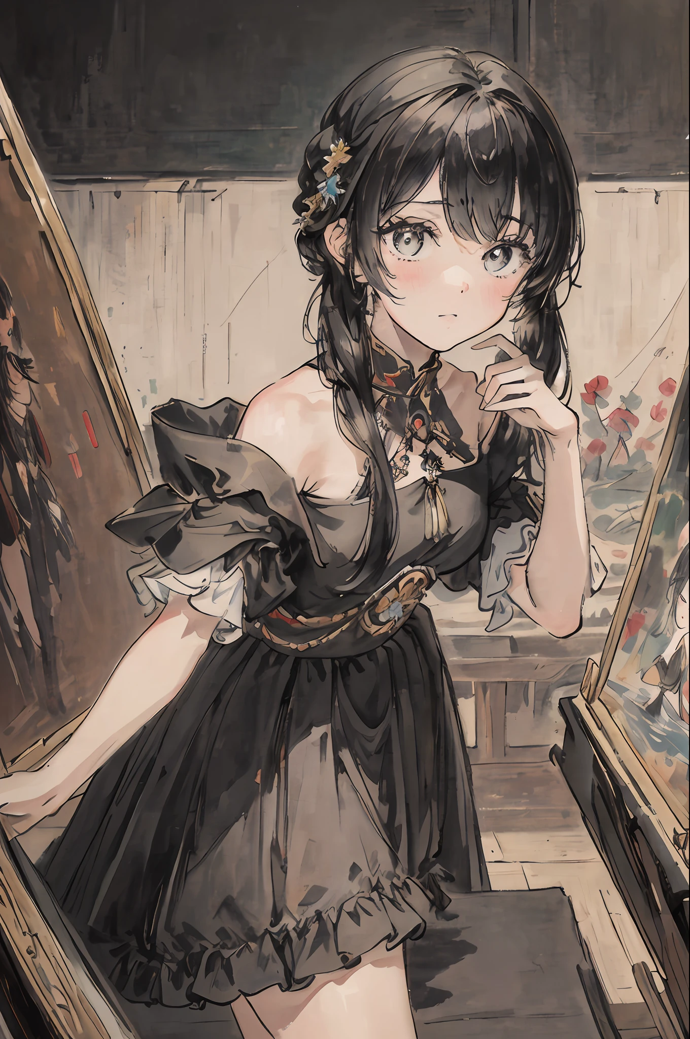 Masterpiece, Superb Girl, Best Girl, Best Beauty, World Masterpiece Theater, Super Fine, Superb Quality, Extreme Quality, Black Hair, High Resolution, Extreme Quality, 1girl, Extreme Quality, Illustration, Looking at the Audience, Impasto, Canvas, Oil Painting, Realistic, Realist, Real,