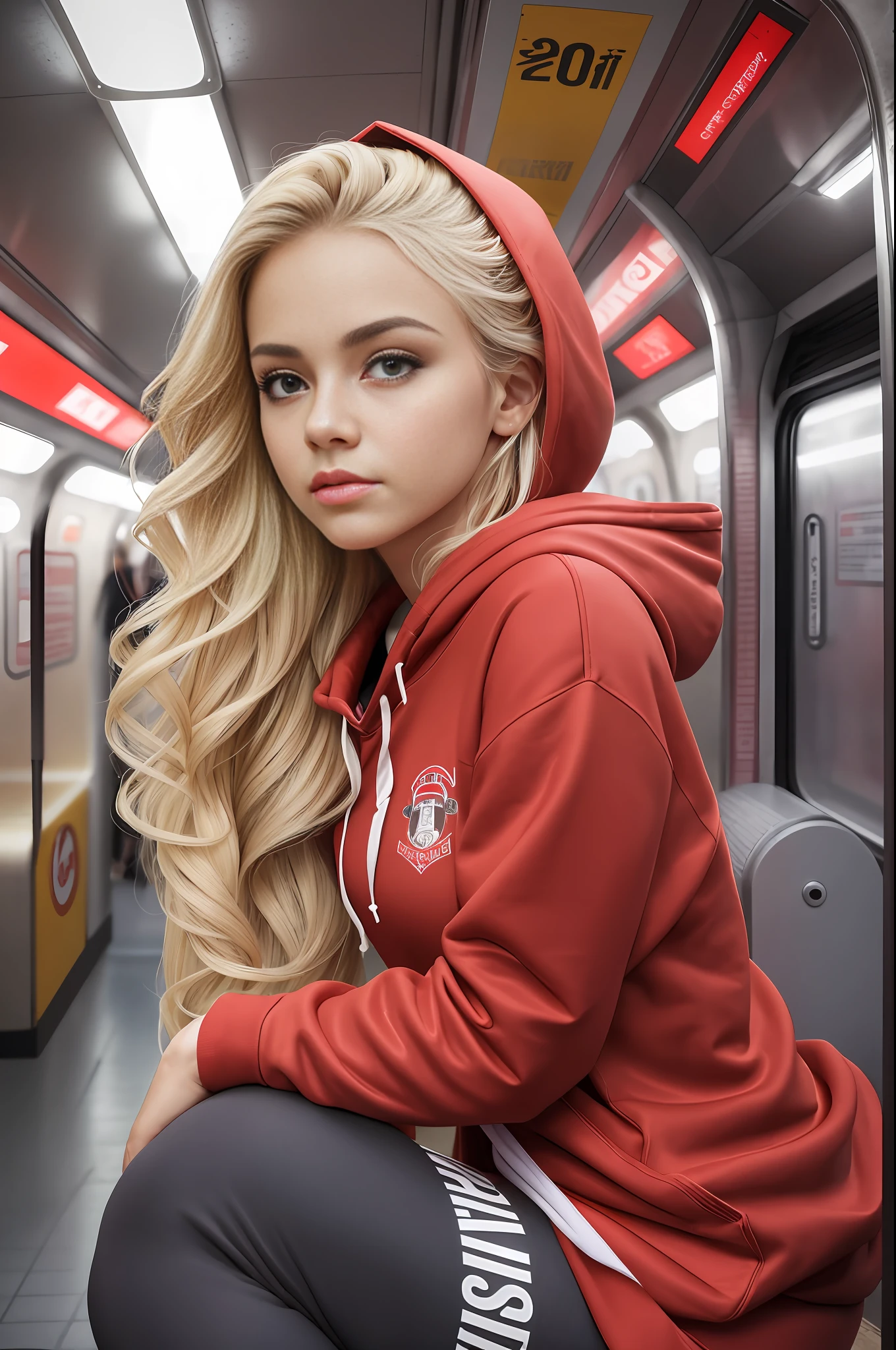 absurdres, RAW photo, highest quality, (masterpiece: 1.3), high detail RAW color photo, professional photo, extremely detailed CG 8k wallpaper unit, photo-realistic, realistic, RAW photo, masterpiece, best quality, highres,
1girl, 19 YEARS old, white, blonde hair, wavy, Average length, random hairstyle, athletic body, thin legs, perfect beautiful face, beautiful light brown realistic eyes, fair skin, detailed skin texture, very small natural breasts. Serious. She looks amazing. (red hooded sweatshirt and red yoga pants, simple design). In the subway of São Paulo.