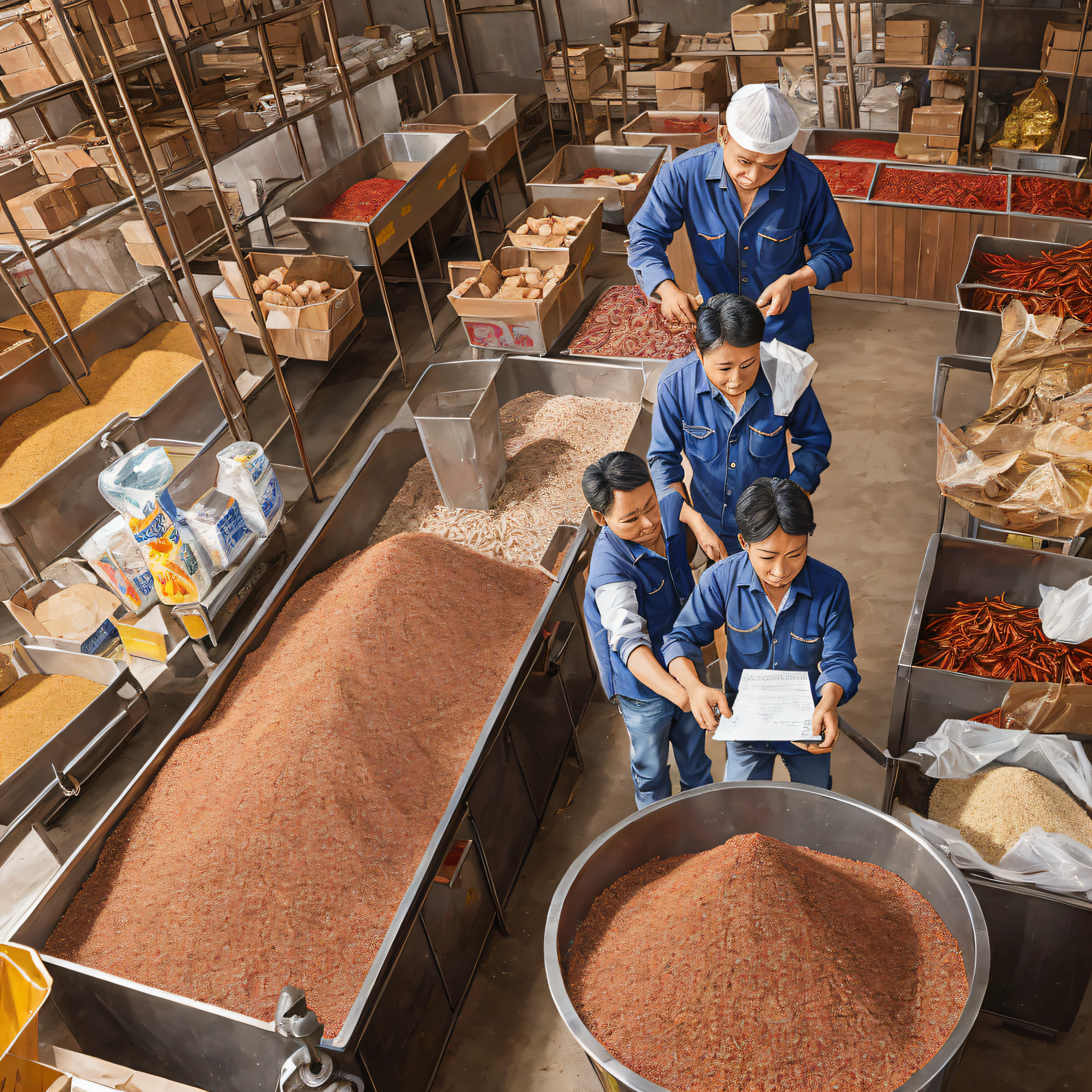 Drawing needs: the picture is like the camera captured, the sense of realism is very strong, the authenticity is high, real people, real goods; The scene is located in the dried chili processing factory, the chili pepper is a local chili pepper in Guizhou, and the employees are sorting the chili peppers, and the qualified and unqualified goods are divided into separate packages. --auto --s2