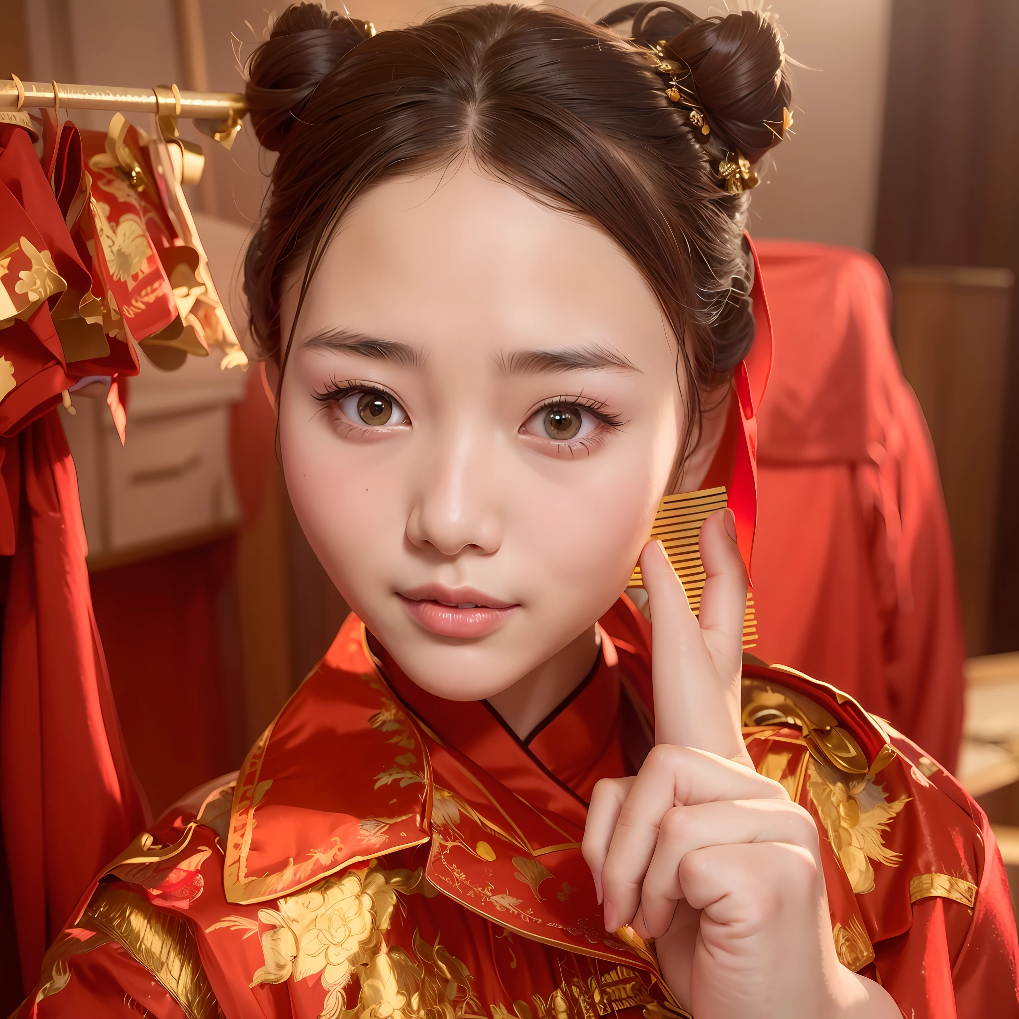 (8k, RAW Photo, Best Quality, Masterpiece: 1.2), (Realistic, Realistic: 1.37), 1 Girl, Aalfite Woman Posing for Photo in Red Dress and Headdress, Gorgeous Role Play, Beautiful Costume, Intricate Fantasy Dress, Beautiful Fantasy Queen, Chinese Dress, Complex Dress, Complex Costume, Traditional Beauty, Gorgeous Chinese Model, Chinese Costume, Wearing Gorgeous Costume, Wearing Elegant Chinese Xiuhe Dress, Chinese Wedding Dress, Phoenix Crown Xia Hanging, Antique Bride, Xiuhe Dress, Close-up, close-up, headgear on, smile, no watermark