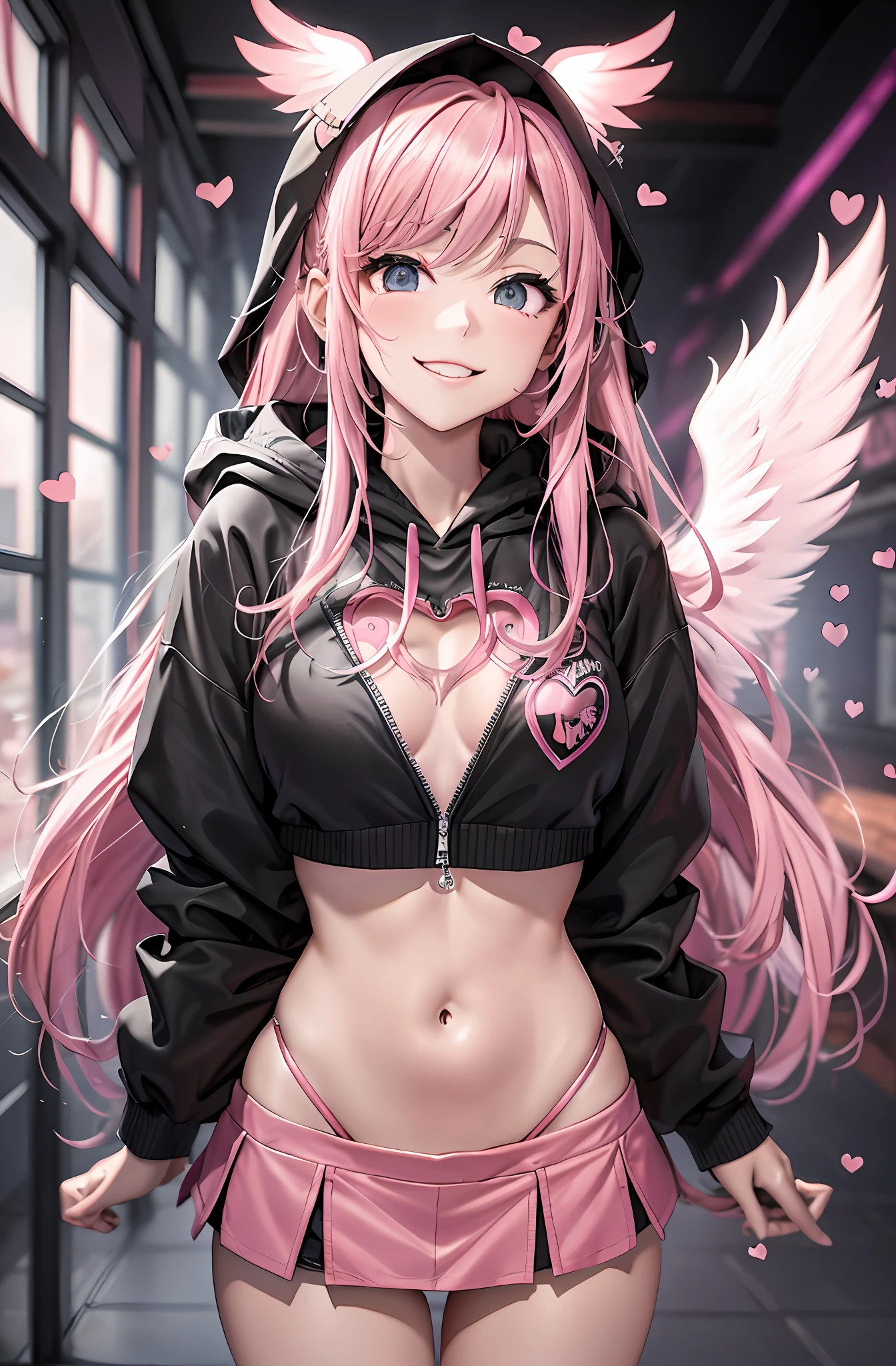 Pink hair. Long hair. Miniskirt. Parka. Earring. Angel wings. Heart-shaped vacant chest. Heart logo. A big smile. Inside the game center. White wings. Navel. Futomo. Navel out. Put on the hoodie hood.