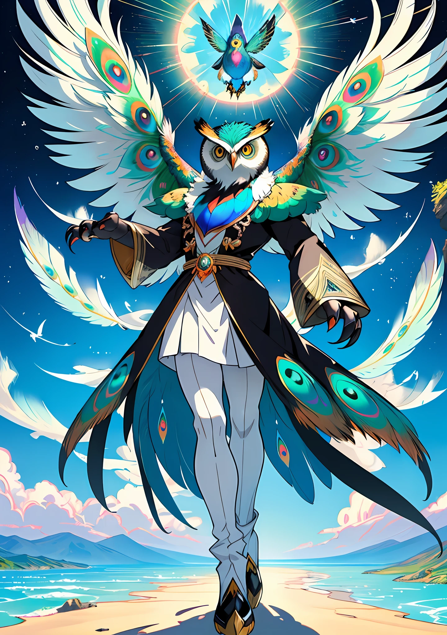 A majestic and elegant flying Pokémon in the shape of ((owl)) that rushes gracefully through the skies, with vivid plumage and detailed in a variety of striking colors such as ((Colors of a peacock)). His sharp, focused eyes scan the landscape below as he prepares to fly in search of prey or adventure ((Ken Sugimori's drawing style)) ((Symmetrical)) ((detailed feathers)) ((masterpiece)) ((HD)) ((4K)) ((majestic)) ((symmetrical legs)) ((shiny claws))