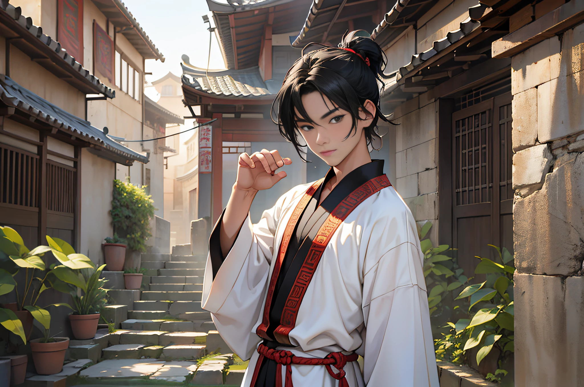 Best Quality, Masterpiece, High Resolution, 1boy, Ancient Chinese, Small Courtyard, 18 years old, Short Black Hair, White Pajamas, Kung Fu, Yard, 4k, 8k. Chinese ancient style. (High Detail skin: 1.2), 8K UHD, DSLR, Soft Light, High Quality, Volume Light, Photo, High Resolution, 4K, 8K.