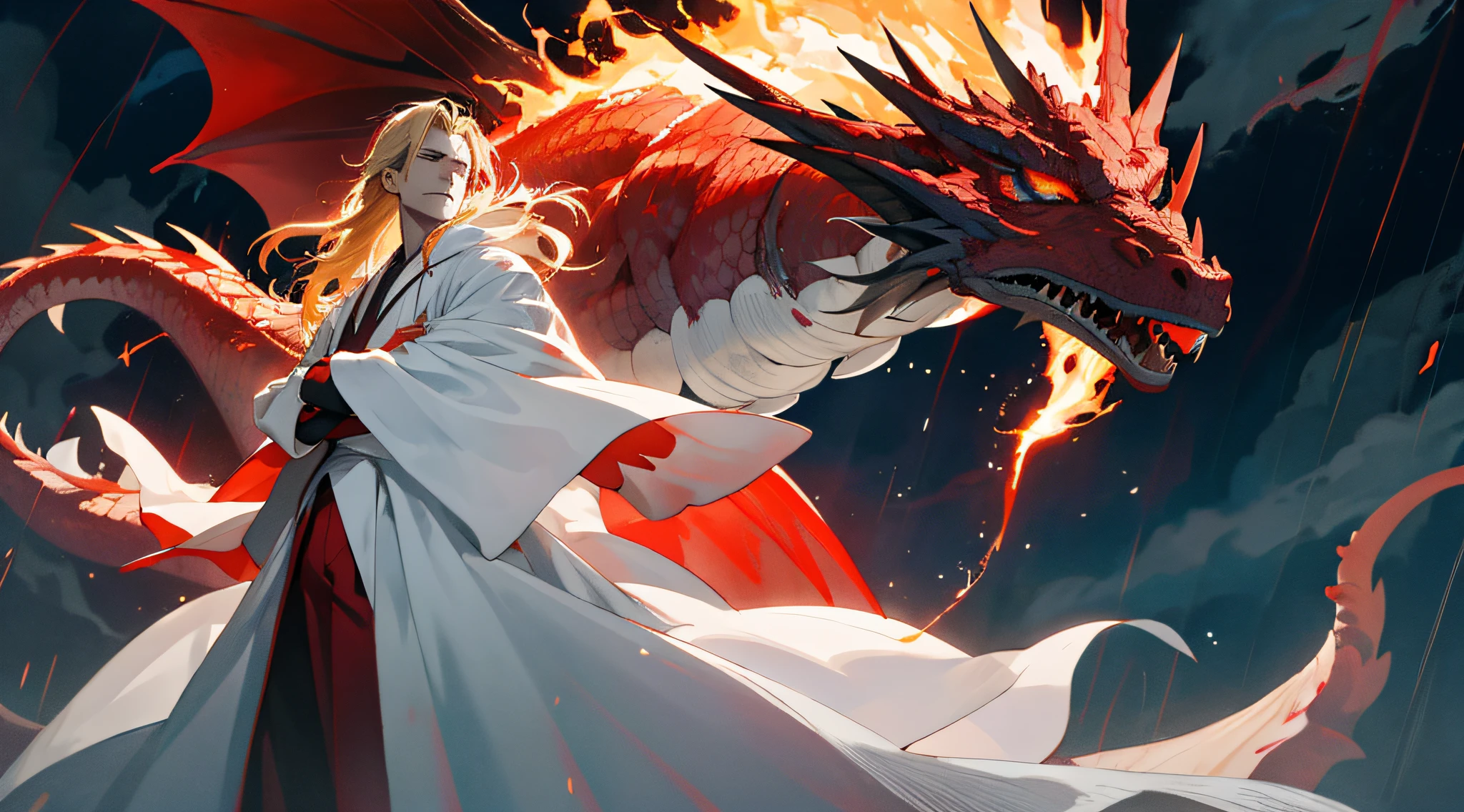 （absurd，，highresolution，ULTRA DETAILED），ung male，（teenboy），hansome，Slender figure，Suspended in the air，hands spread，Long flowing blonde hair，Fire-red pupils，Look down，solo，s whole body，Detailed background， Evil smile，Focus，serious， WIZARD， Bloom in your hands（Color lightning），French formation， Dress in white，Red robe， Hair fluttering in the wind，The body exudes magic， supernatural power， Grim dark reality lighting，An incomparably huge dragon behind it，the sky is raining，lightning