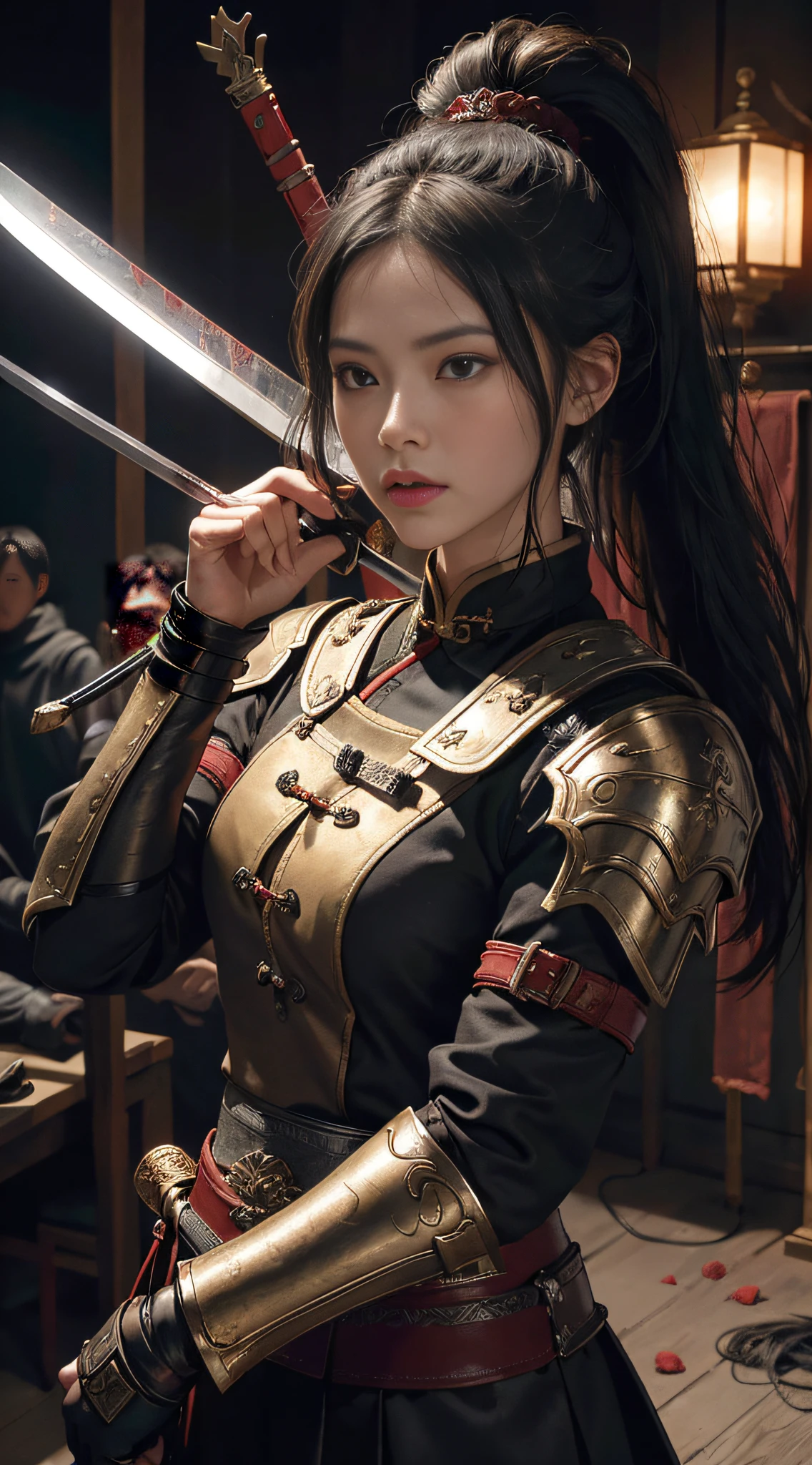 (Positive Focus), (In the Dark: 1), (Best Quality), (Realisticity: 1), Movie Poster, Realistic Skin Texture, Highly Detailed, 8k Wallpaper, Volume Lighting, Dynamic Lighting, A Girl, Long Black Hair, Ponytail, Black Metal Armor, Red Belt, Black Armor, Shoulder Armor, Waist Guard, Hand Guard, Veil, Holding a Long Sword in front of Body, Ancient Chinese Style, Battle Posture, Lots of Bloodstains, Blood Stains on Face, Broken Clothes, Ancient Chinese Battlefield, A Group of Ancient Soldiers Chasing and Killing, Arrows Flying, War, night, dramatic composition, sword qi surrounding, rich picture detail, war, movie lighting,
