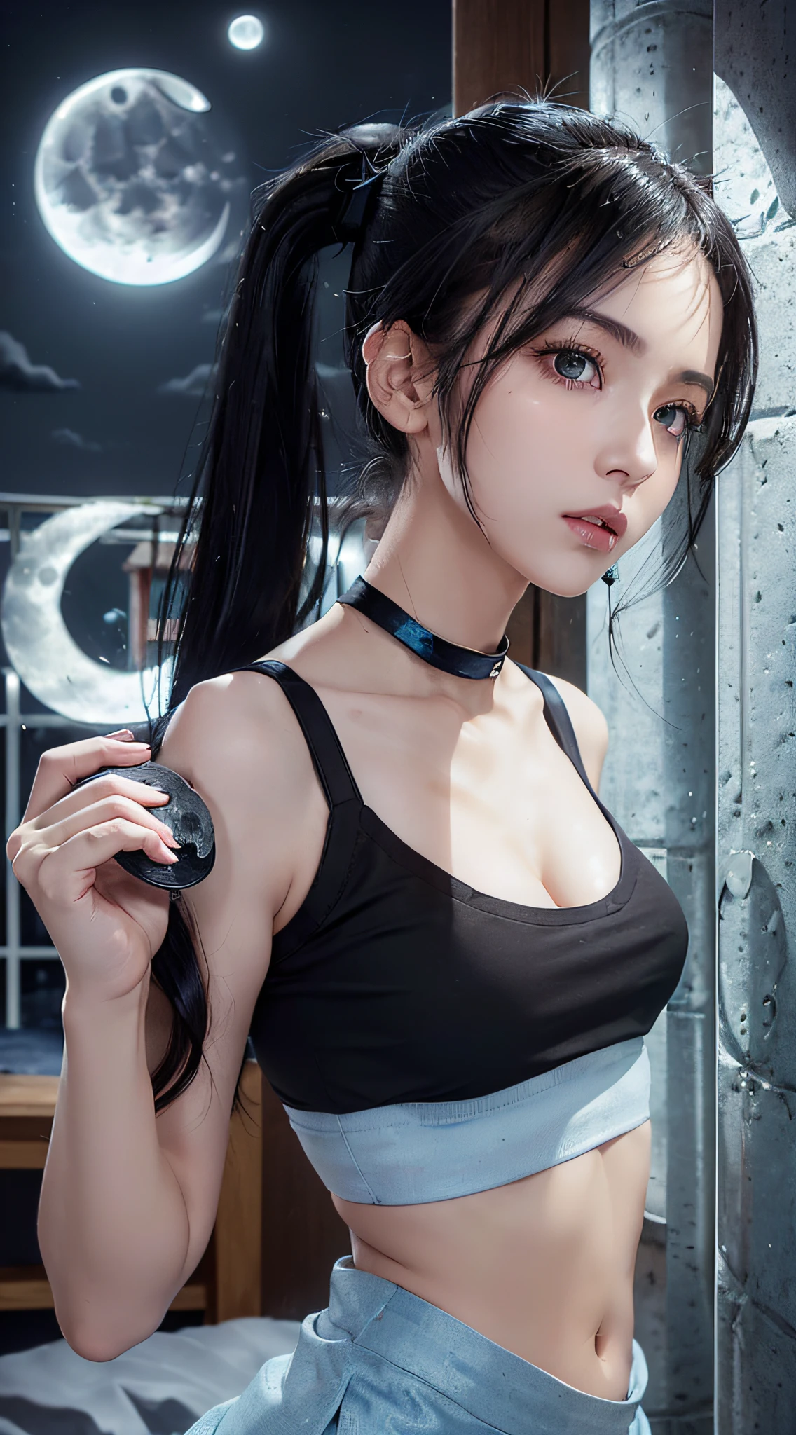 Realistic, one girl, (((black hair ponytail)), black eyes, shining eyes, ((light blue crop top)), (small bra)), (deep cleavage)), ((light blue miniskirt)), (show white panties)))), parted lips, blush, ((night)), (((moon)), ((moonlight)), kind eyes, calm expression
