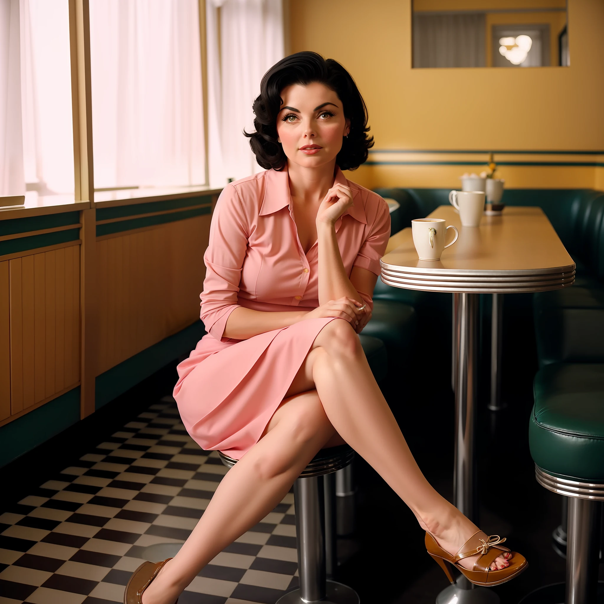 Sherilyn Fenn, skirt, legs, thighs, cafe, sitting, body shot, wes Anderson, sophisticated