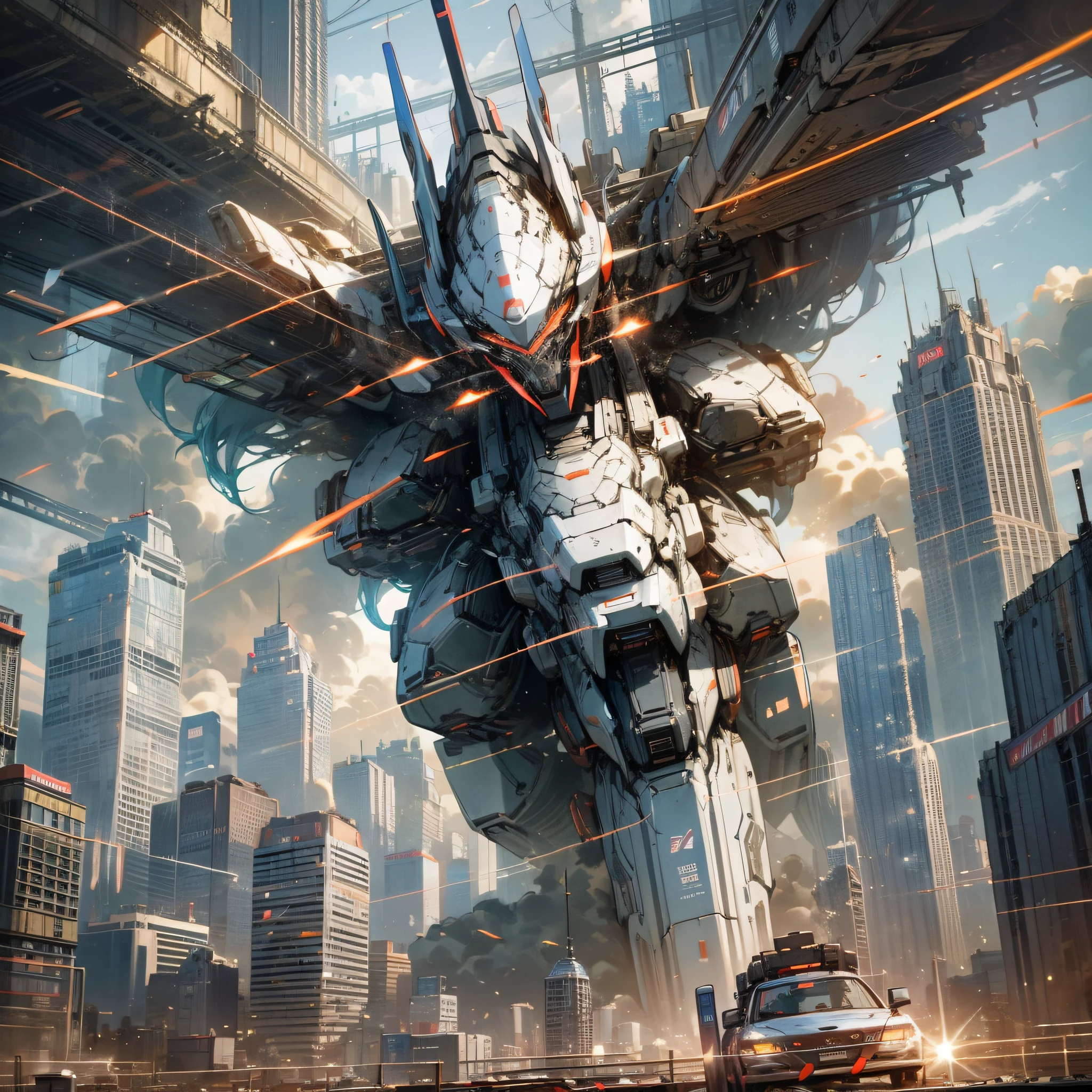 ((masterpiece)), (best quality), (detailed). An epic battle scene on a futuristic cityscape, with towering skyscrapers, flying vehicles, and intense laser beams piercing through the smoke-filled air. Detailed, abstract, cinematic, urban warfare, high-tech city, futuristic vehicles, intense and chaotic atmosphere, dramatic lighting with strong contrasts, vibrant colors with accent red, wide-angle composition, digital illustration, trending on ArtStation. --auto --s2