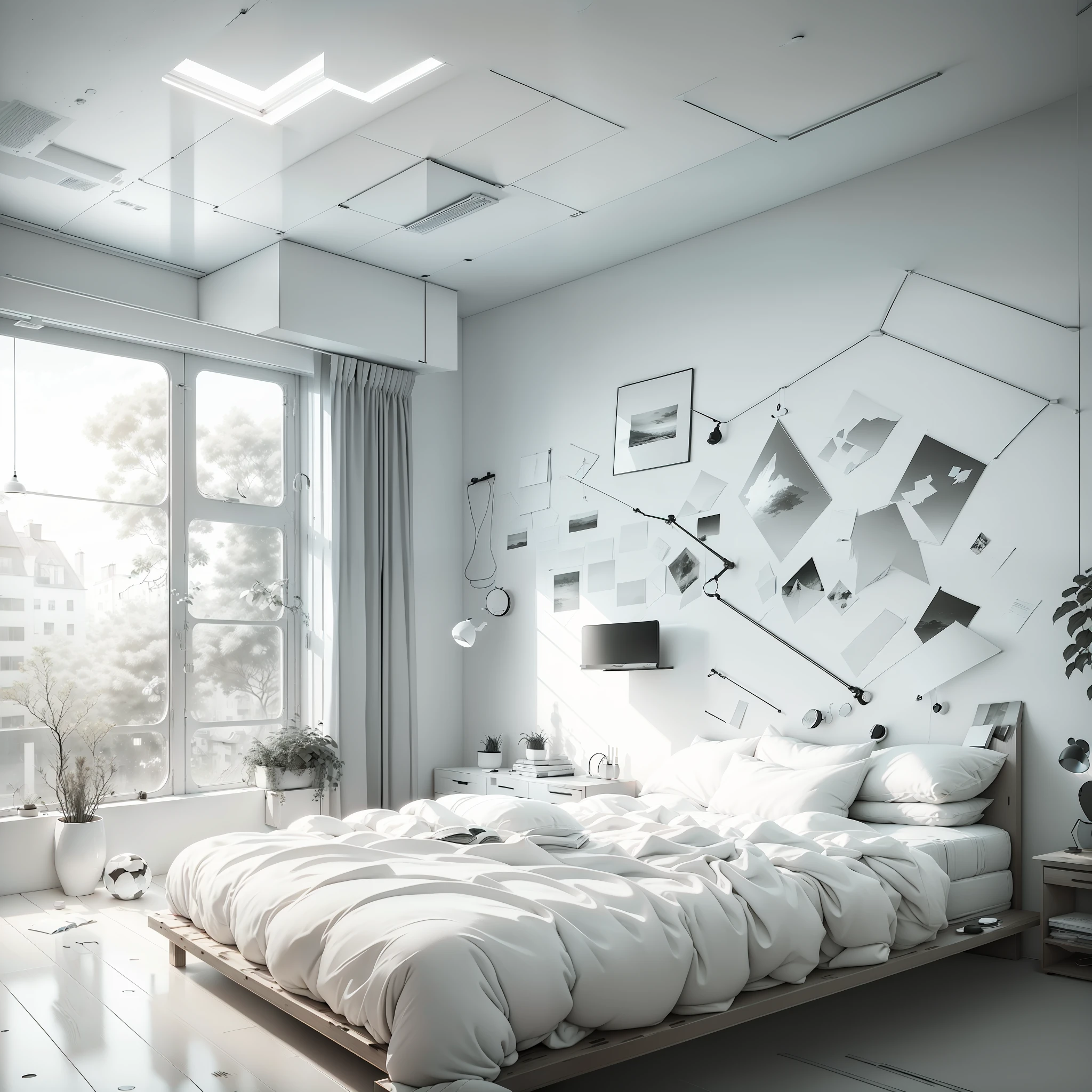 Nordic, minimalist, bedroom, (diagonal lens), (spatial global), (global perspective), (decolorized), white model, (warm), high resolution, minimalist bed, interior, suspended ceiling, --auto --s2