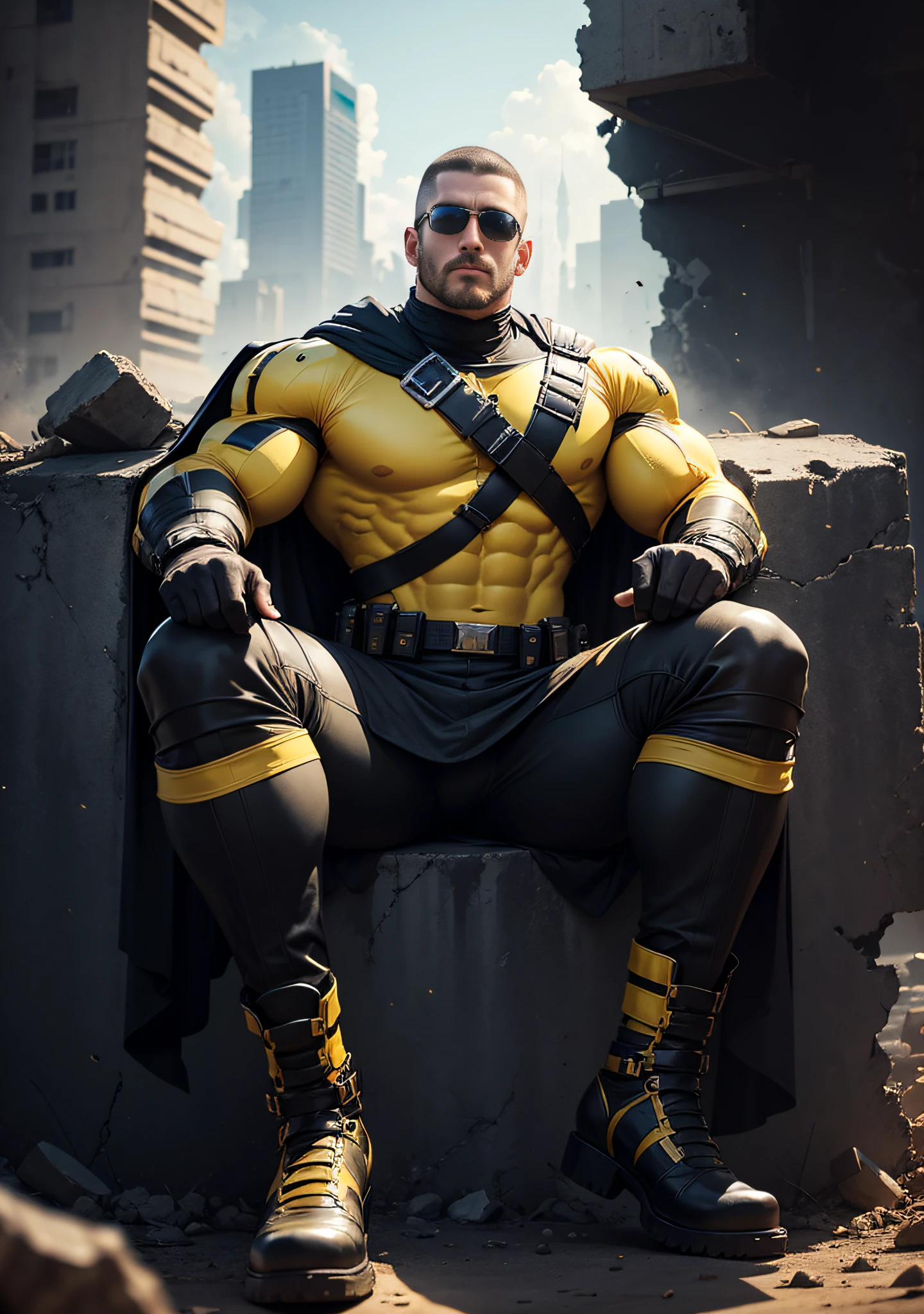 Arad man in yellow and black clothes sitting in desolate ruins, muscular male hero, Buzz cut, heroic male pose, tall and burly, muscular! Wearing black sunglasses, tall burly and strong, stealth suit, super buff and cool, high resolution committee, character design police, black military boots, attractive strong male