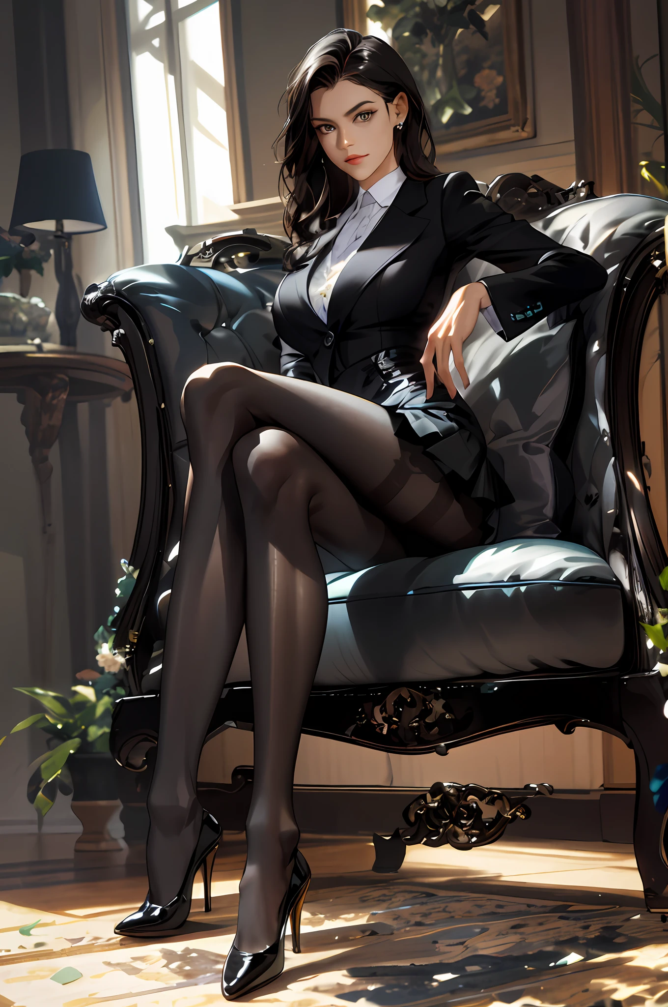 Masterpiece, 16k, award-winning photo, extremely detailed, amazing, fine detail, absurd, highly detailed woman, 20 years old, sexy theme, high detail, extremely detailed eyes and face, glare eyes, ((((black pantyhose)))), (short skirt))), (suit))), good hips and long legs, beautiful face, perfect face shape, perfect body, oversize model, mature woman, (((high and long legs))), (((very large breasts))), Perfect for wearing tight, simple clothes, high heels, photography 4 Kodak Portra 400 camera F1. 6 colorful lenses, ultra-realistic textures, dramatic lighting IrrealEngine ArtStation Cinestill 800 Tungsten Trends on the Lamp, (((Full Body))), There is a woman sitting in a chair in the room, Masterpieces: 1.2, Best Quality, Ultra High Resolution, Realistic, Ultra-Realistic Detail, Clear Focus, (Real Pictures, Fine Production, Depth of Field), Solo, Beautiful Girl, Masterpiece: 1.2, Best Quality),