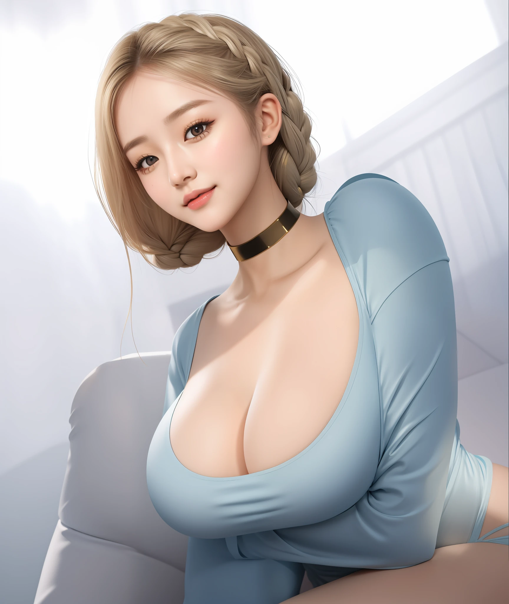 An Idol k-pop girl, cute girl, sexy girl, white braid hair, intricate face details, detailed face, golden ratio face, big breast, big butt, big hip, big thighs, full body, 64K, UHD, HDR, high quality, high detailed, hyper detailed, extremely detailed, photo realistic, ultra realistic, art photo, clarify the details, detailed parts body, intricate artwork masterpiece, trending on artstation, light smile