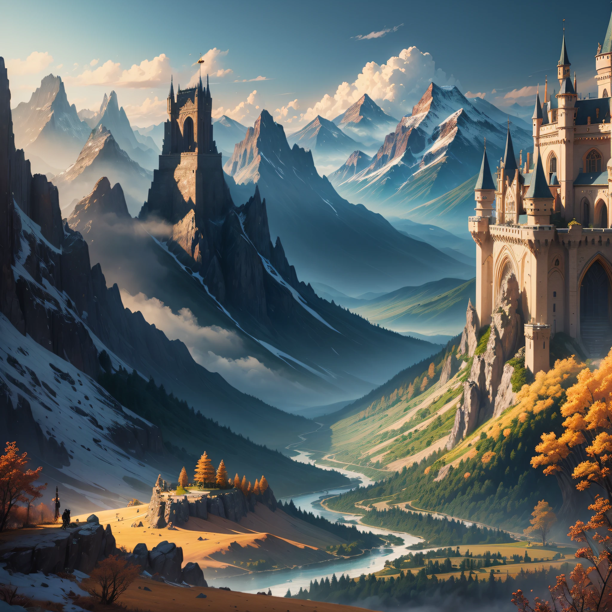 ((masterpiece)), (best quality), (detailed). A majestic fantasy landscape set during the golden hour, with towering mountains, cascading waterfalls, and a mystical castle in the distance. Photo level detail, fantasy realm, mountain range, flowing waterfalls, enchanting castle, warm and magical atmosphere, top lighting, vibrant and saturated colors, rule of thirds composition, concept art, trending on CGSociety. --auto --s2