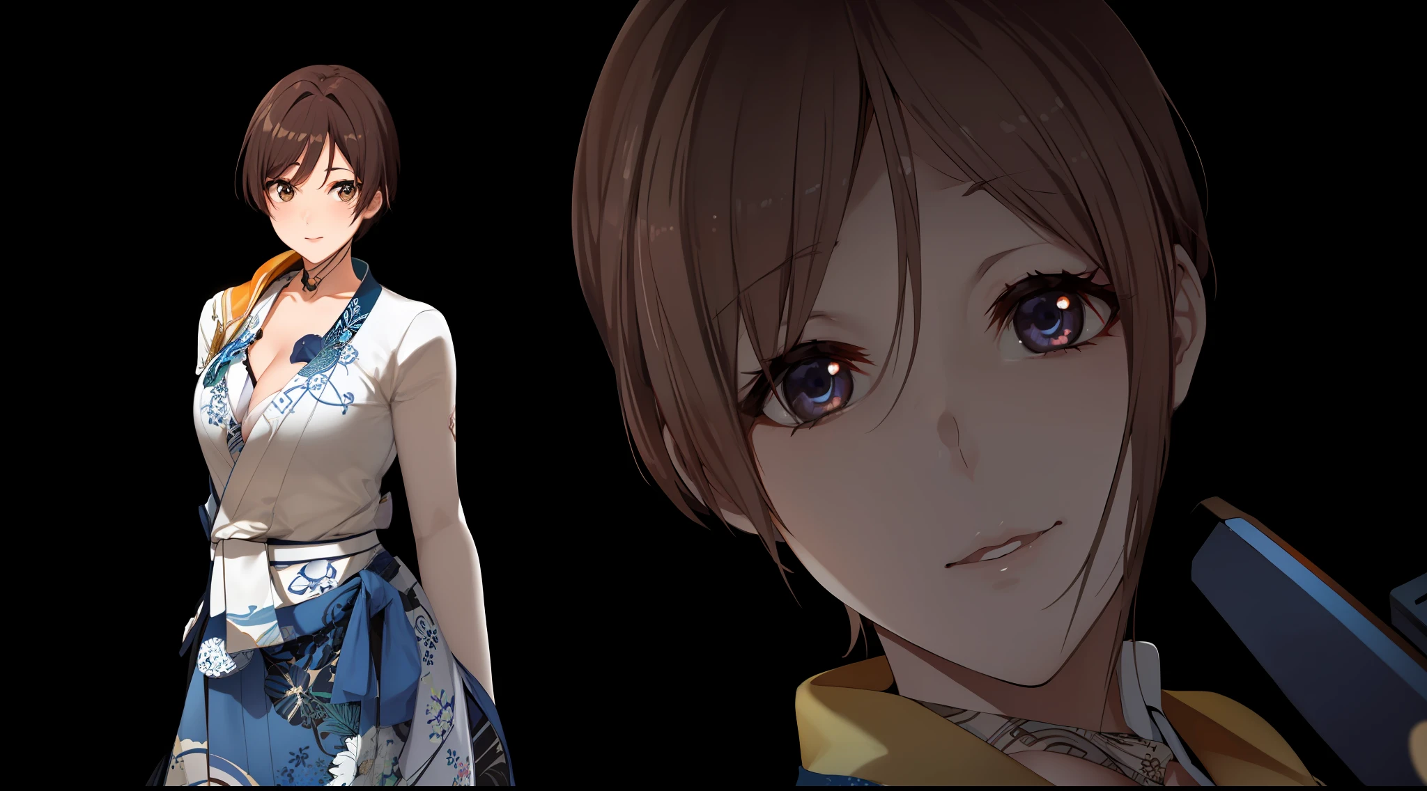 (Night:1.7), Japan, Tokyo, CityView, Before Window,
Standing at attention,
blue jacket.Blue_kimono,white_shirt,cleavage, collarbone,open_clothes, open_kimono,yukata,
japanese_clothes,
brown_hair,brown_eyes,short_hair,
1 girl, 20yo,mature female,Beautiful Finger,Beautiful long legs,Beautiful body,Beautiful Nose,Beautiful character design, perfect eyes, perfect face,
looking at viewer,
NSFW,official art,extremely detailed CG unity 8k wallpaper, perfect lighting,Colorful, Bright_Front_face_Lighting,
(masterpiece:1.0),(best_quality:1.0), ultra high res,4K,ultra-detailed,
photography, 8K, HDR, highres, absurdres:1.2, Kodak portra 400, film grain, blurry background, bokeh:1.2, lens flare, (vibrant_color:1.2)
(Beautiful,large_Breasts:1.4), (beautiful_face:1.5),(narrow_waist),