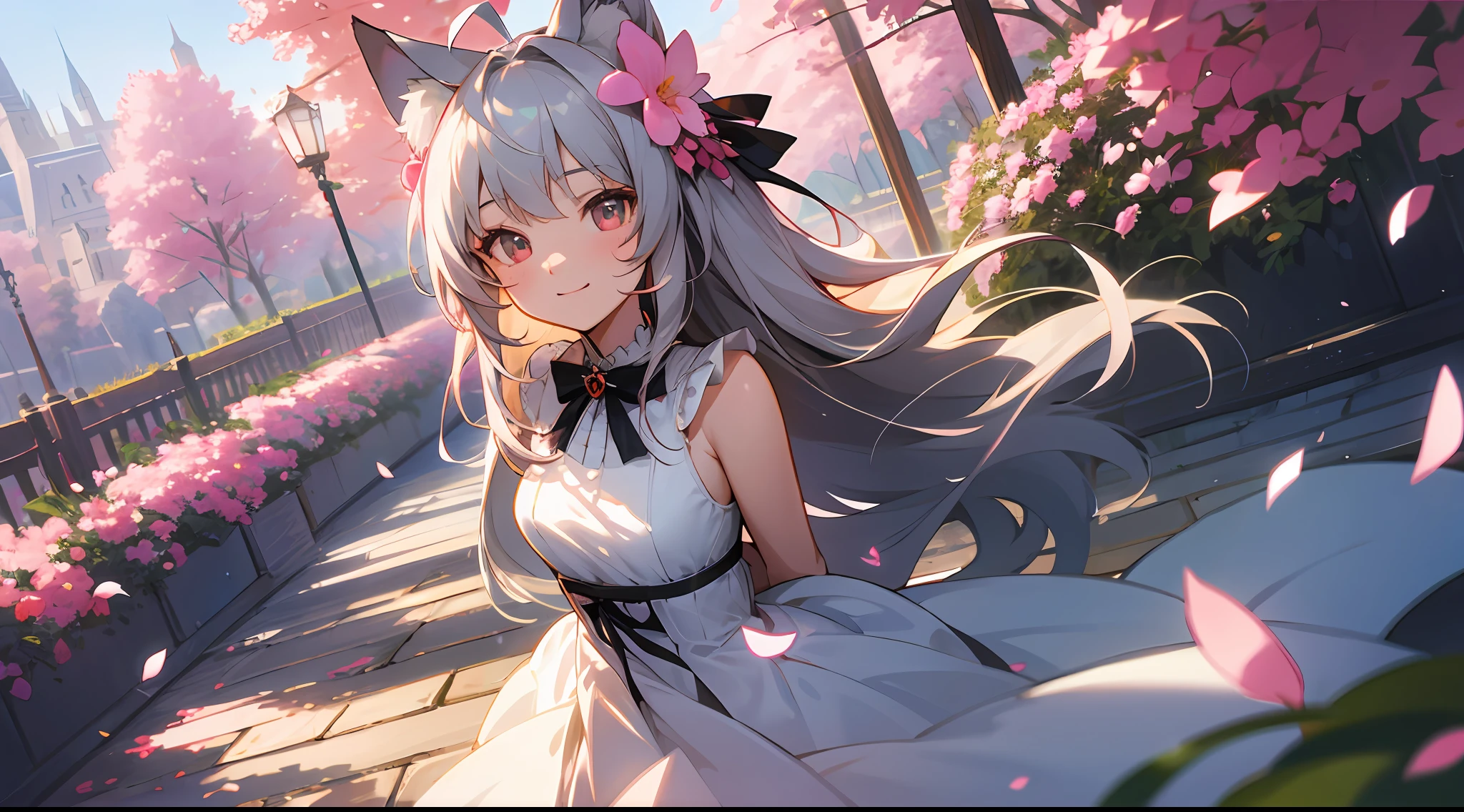 cowboy shot, upper body, long view, panorama, wide angle lens, depth of field, perspective, movie angle, arms behind back, masterpiece, best quality, super detailed, CG, 8K wallpaper, pretty face, delicate eyes, a girl, solo, fox girl, gray hair, long hair, crimson eyes, facing audience, ahoge, cat ears, sideways, light smile, evening dress, ribbon, hair flower, hair ornament, ray tracing, garden, flower, sunlight, wind, petal