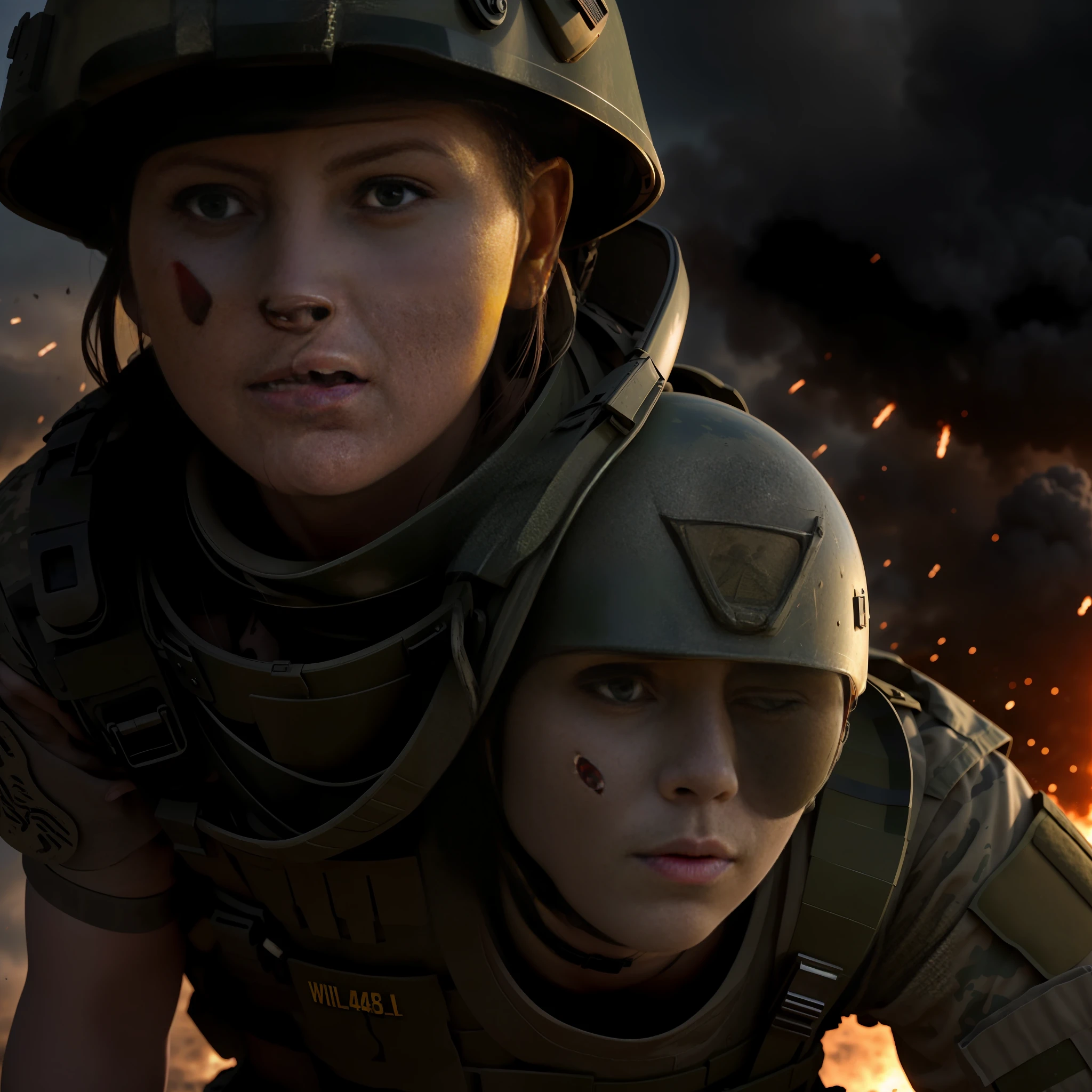 (Highly detailed RAW color Photo:1.2, photorealistic:1, ultra high res:1), (Masterpiece:1, Realistic:1), severely wounded woman, wearing soldier uniform, tactical helmet, bare handed, serious mood, Explosion around, war background, (extremely detailed 64k wallpaper), rim light, sun ray