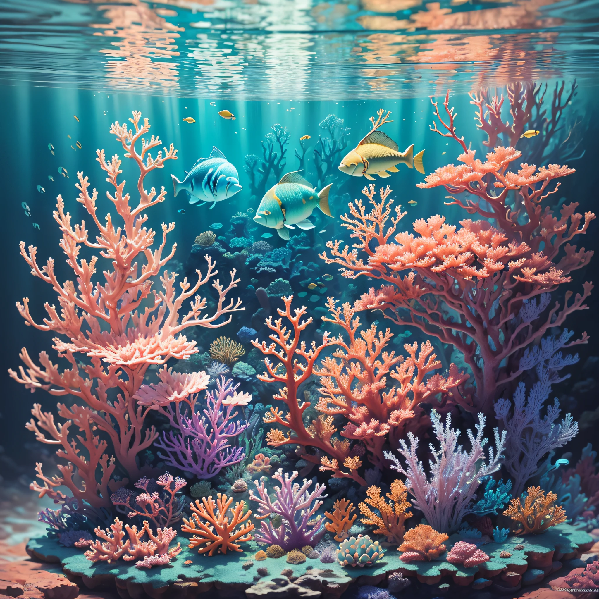 ((masterpiece)), (best quality), (detailed). A breathtaking underwater scene showcasing vibrant coral reefs teeming with exotic marine life. Ultra-clear detail, realistic, 4k, underwater world, diverse fish species, colorful coral formations, serene environment, sunlight penetrating the water, rich and vibrant colors, golden section composition, digital painting, trending on ArtStation. --auto --s2