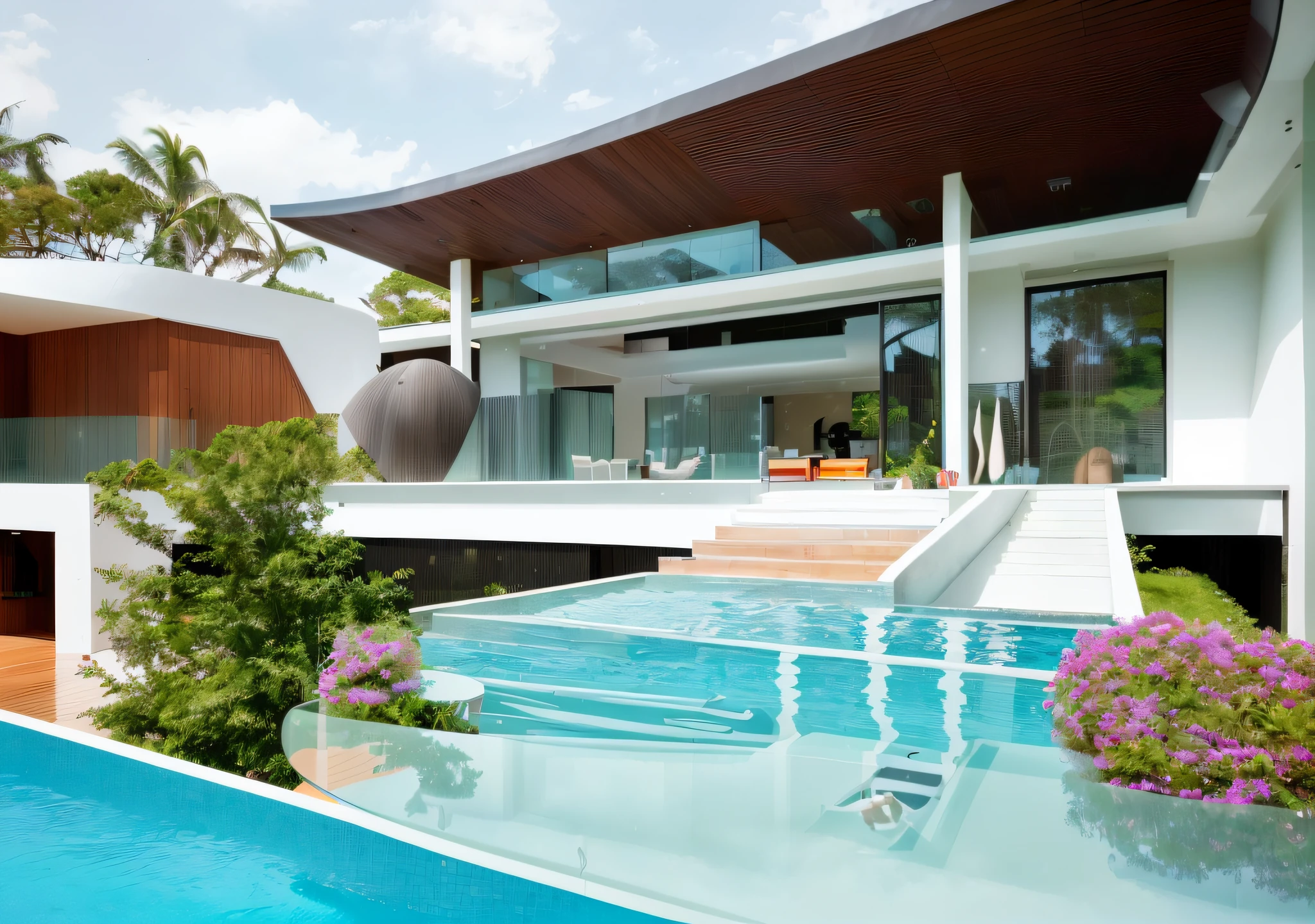 a close up of a pool in a modern home with a wooden roof, well-designed masterpiece, award-winning masterpiece, award winning modern design, sleek curves, concept house, contemporary architecture, swimming pool in front, ultra modern, rounded architecture, luxury architecture, contemporary masterpiece, crisp smooth lines, stunning lines, smooth architecture, smooth curvature design