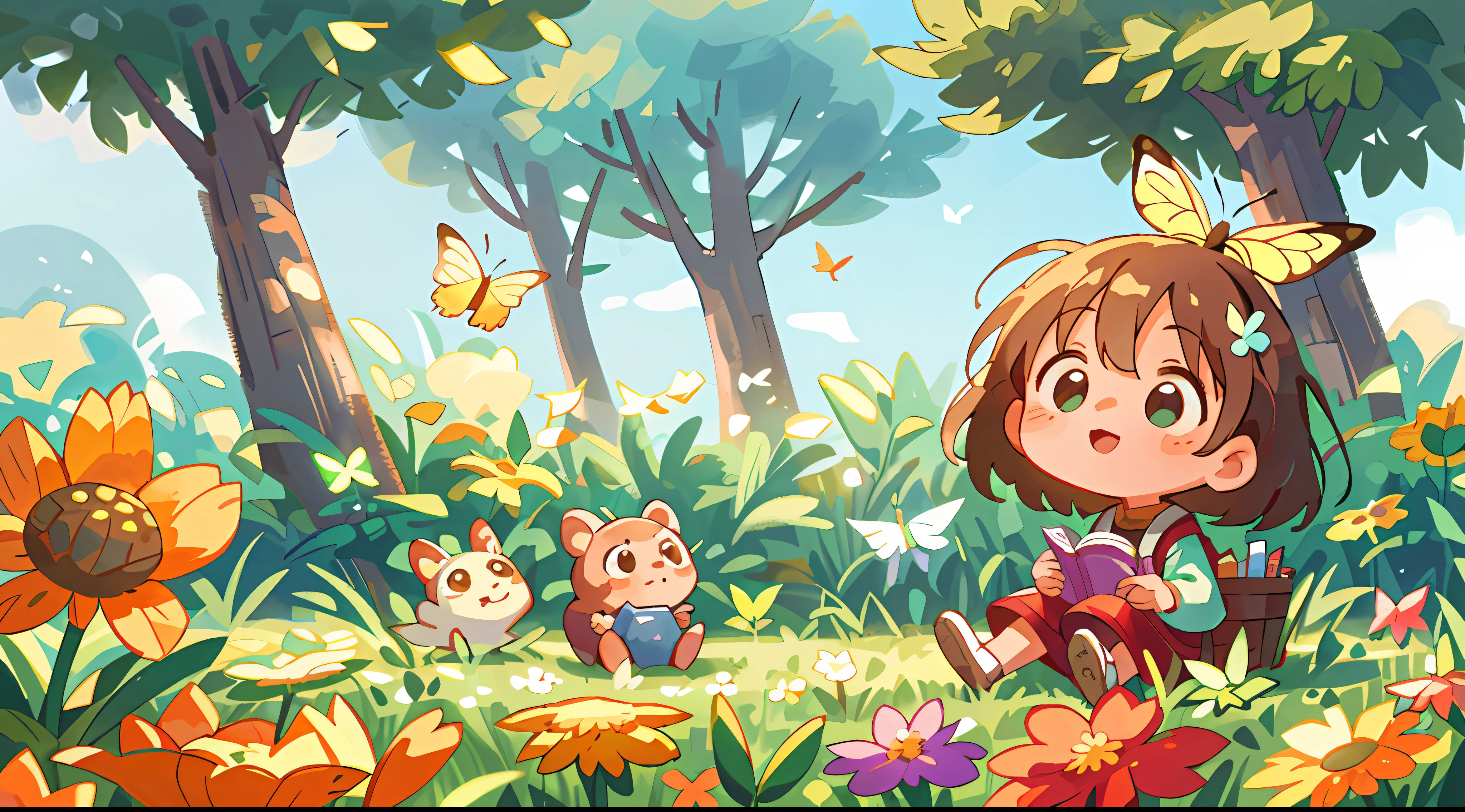 High Detail, Ultra Detail, 8K, Ultra High Resolution A cute and innocent girl, toddlerenjoying her time in the open field, surrounded by the beauty of nature, warm sun sprinkling on her, wildflowers gently swaying in the breeze. Butterflies and birds flutter around her, adding to the playful atmosphere, surrounded by books