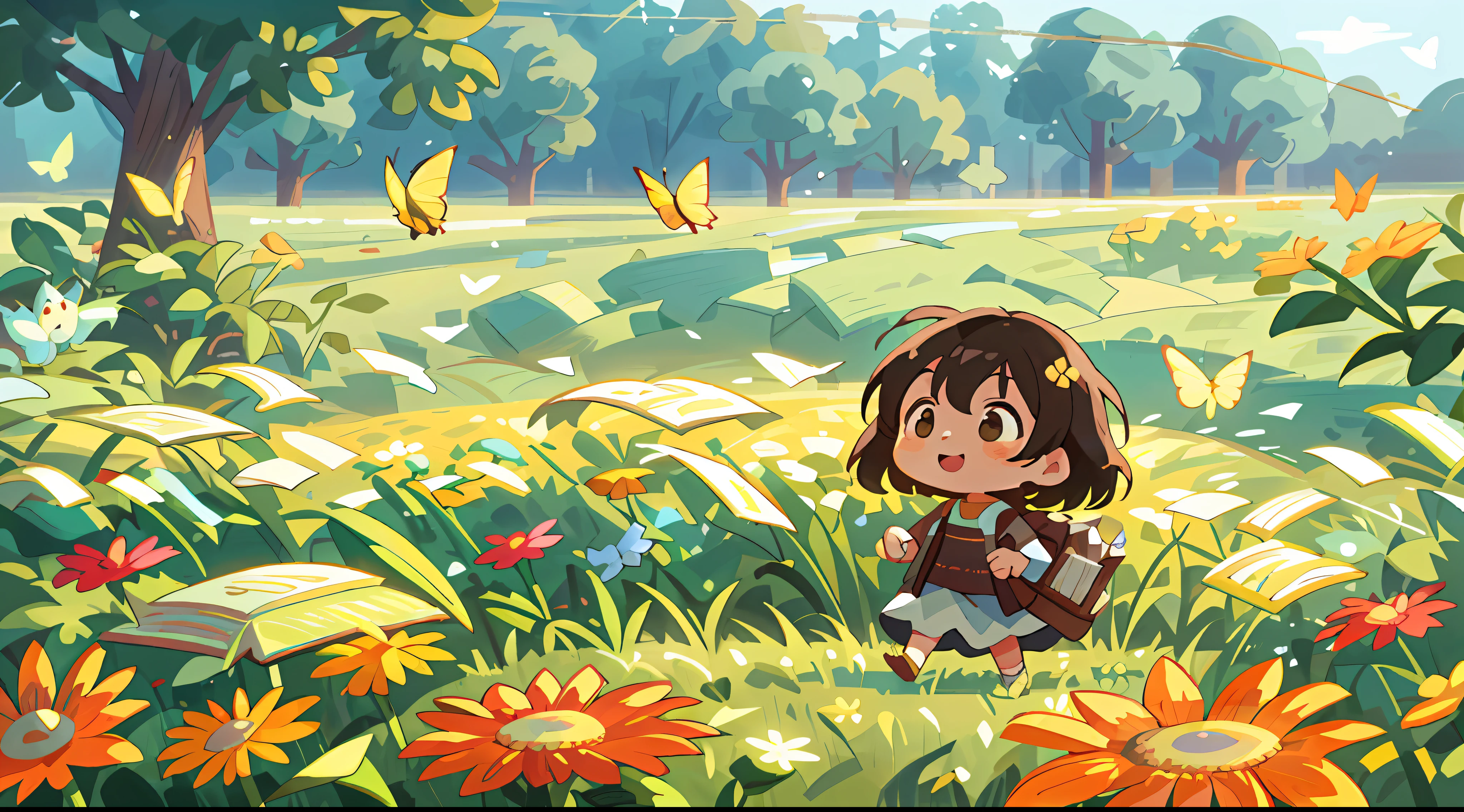 High Detail, Ultra Detail, 8K, Ultra High Resolution A cute and innocent girl, child, toddler, enjoying her time in the open field, surrounded by the beauty of nature, warm sun sprinkling on her, wildflowers gently swaying in the breeze. Butterflies and birds flutter around her, adding to the playful atmosphere, surrounded by books
