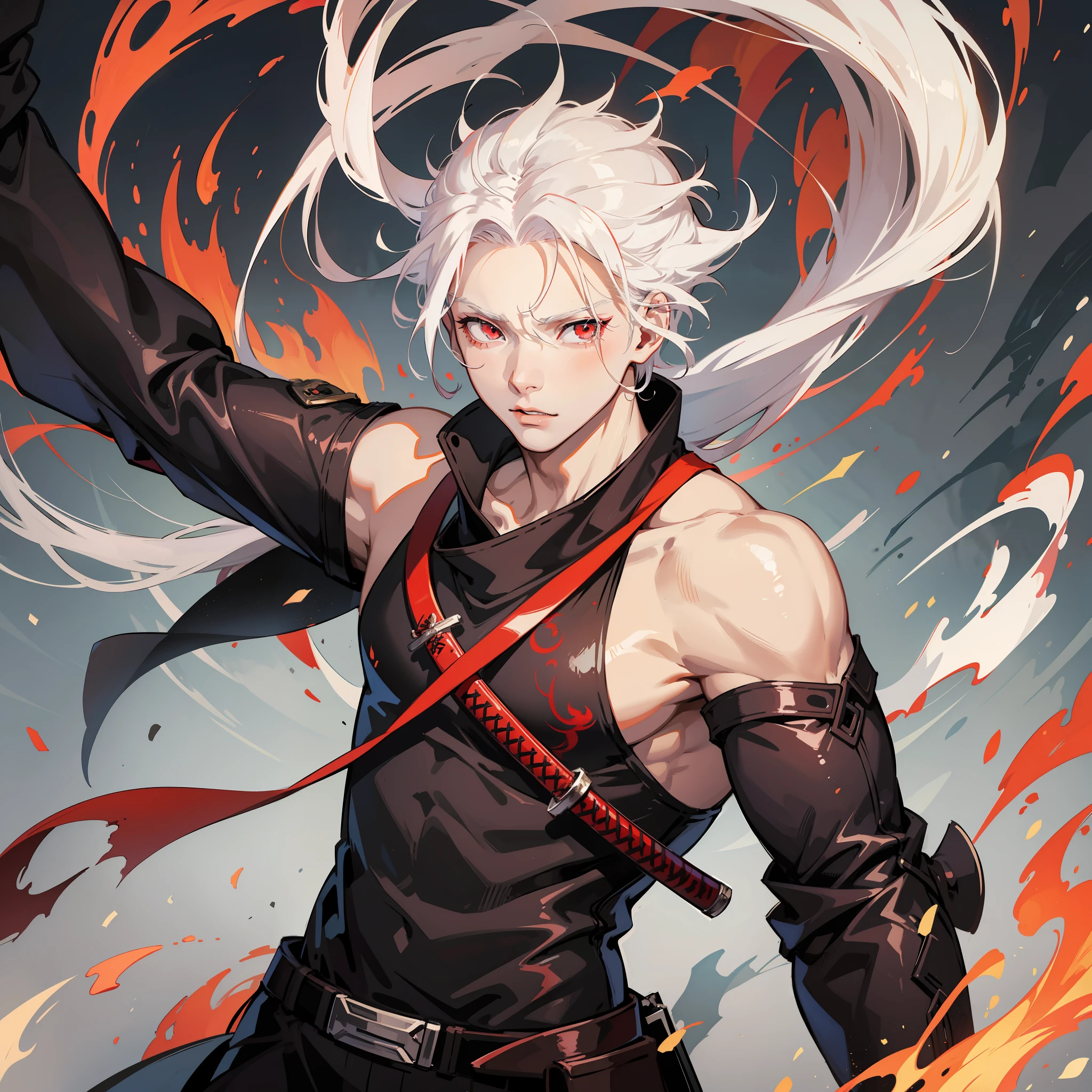 A young albino man with white hair and bright red eyes very muscle holding a fire-covered katana standing, anime