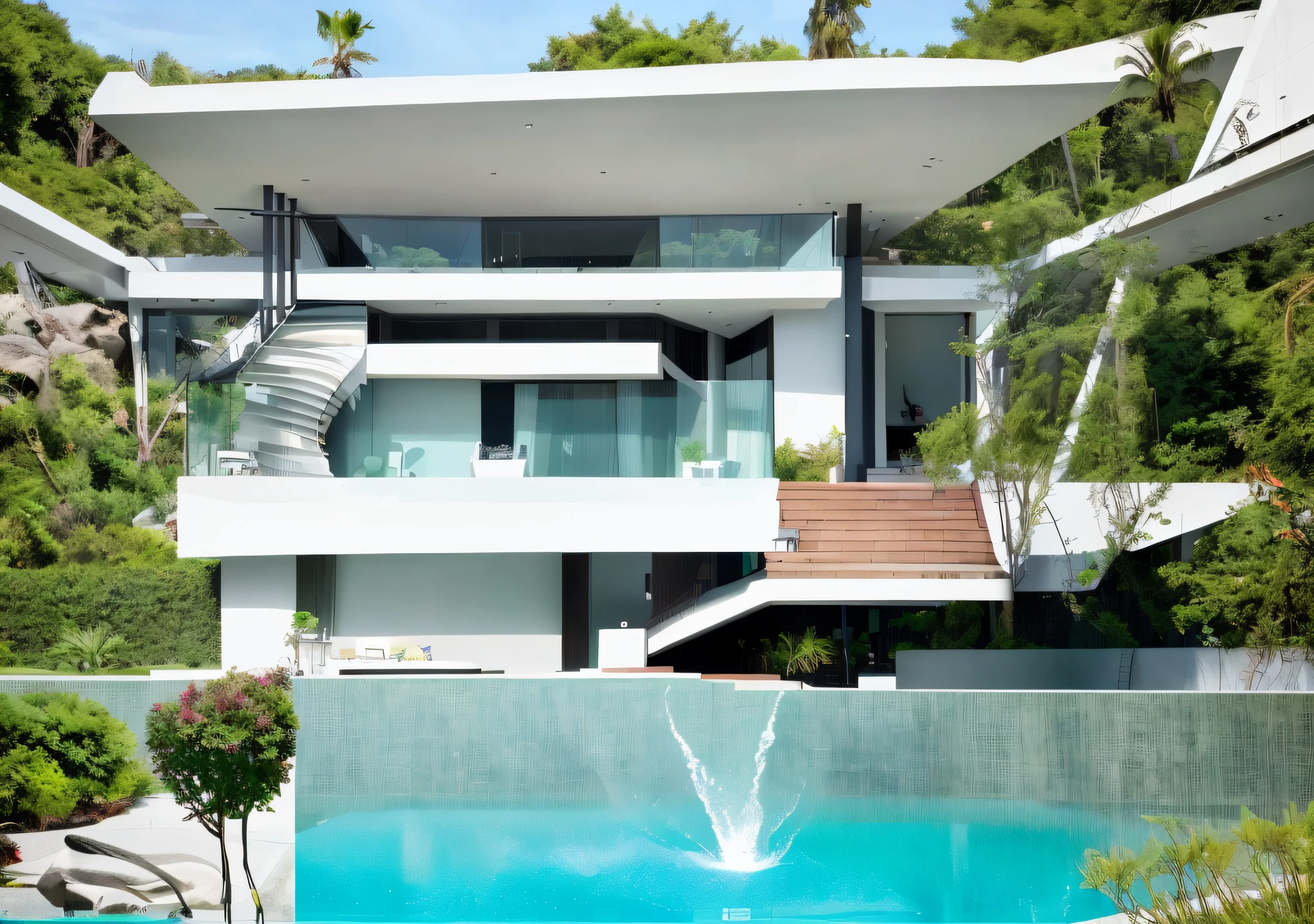 there is a pool in the middle of a house with a staircase, award-winning masterpiece, award winning modern design, well-designed masterpiece, mix with rivendell architecture, ultra modern, contemporary architecture, concept house, arhitectural shot, architectural masterpiece, crisp smooth lines, modern setting, award winning architecture, contemporary masterpiece, swimming pool in front, luxury architecture