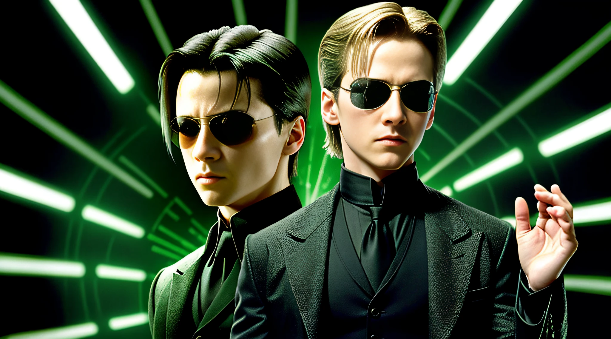 BOY 10 YEARS OLD. RUSSIAN CHILD, LONG BLONDE HAIR, CLOSE UP, image of a BOY in a suit and sunglasses walking, matrix, matrix), matrix), in the new movie matrix, the matrix, in matrix, matrix movie or grading, matrix lut, matrix theme, matrix text, neo from matrix, matrix film pinterest color, welcome to the matrix, matrix style, matrix symbols in the background,  Matrix Film Color