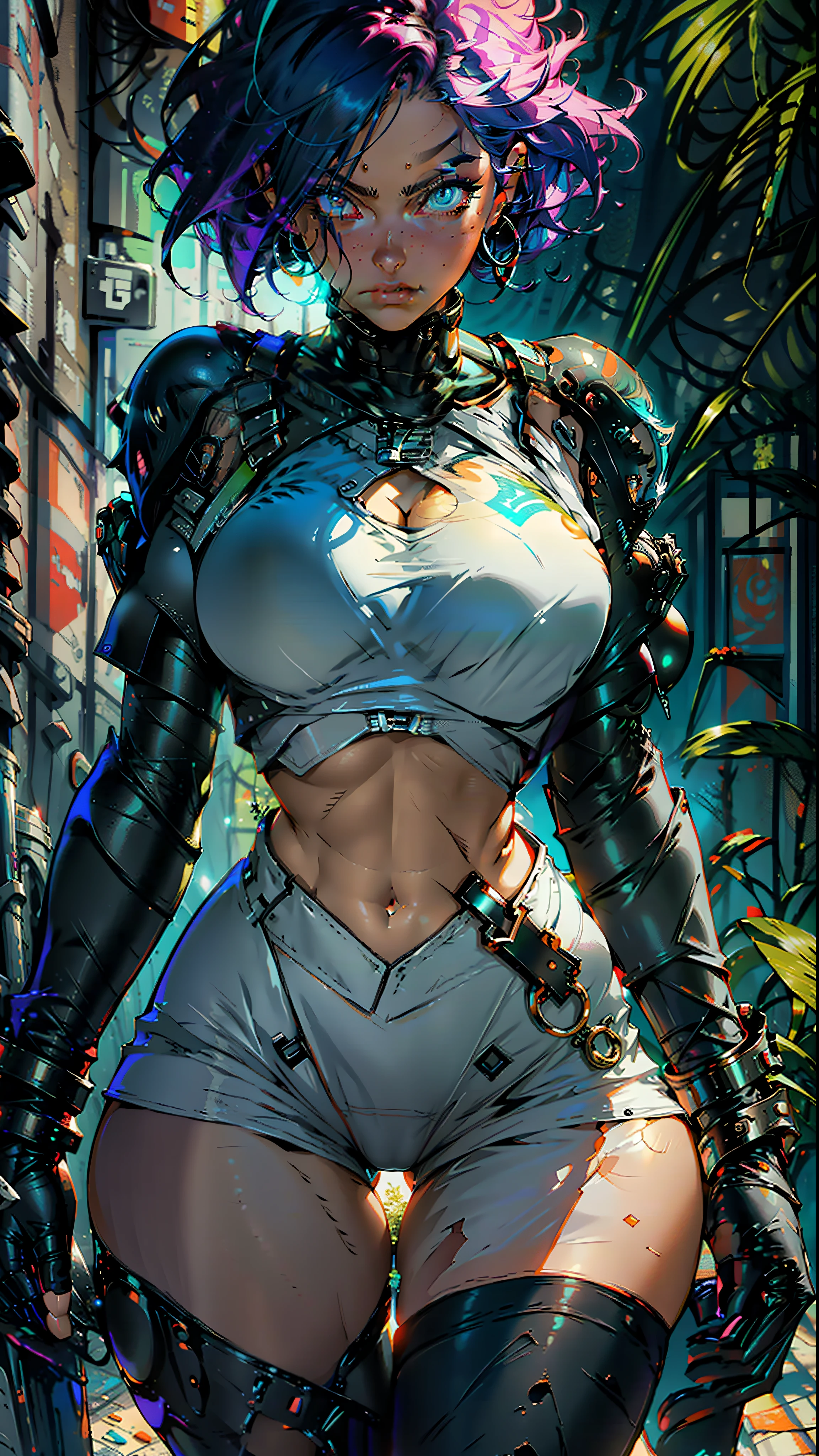 Woman body defined thick thighs cybernetic body parts, short underwear, curvy, milf, cameltoe, nipplestits, sexy, beautiful eyes, spiked hair, rainbow colour hair,giant breast, very big giant boobs, cleavage, huge boob, Dragon armor thorn, nude