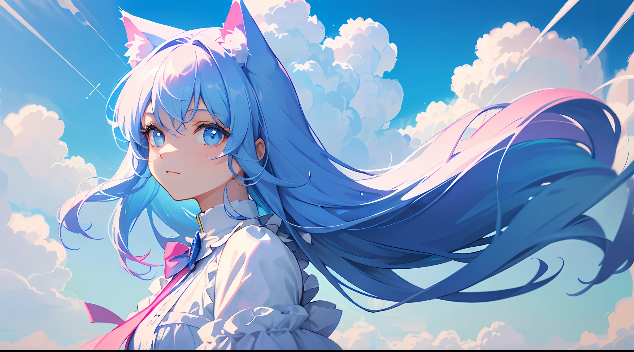 masterpiece, top quality, film stills, one girl, floating in the sky, cloud girl, clouds, (close-up: 1.1), bright, happy, fun, soft lighting, (Bauhaus, shape, line, abstract: 1.1), pink and blue two-color hair, cat ears
