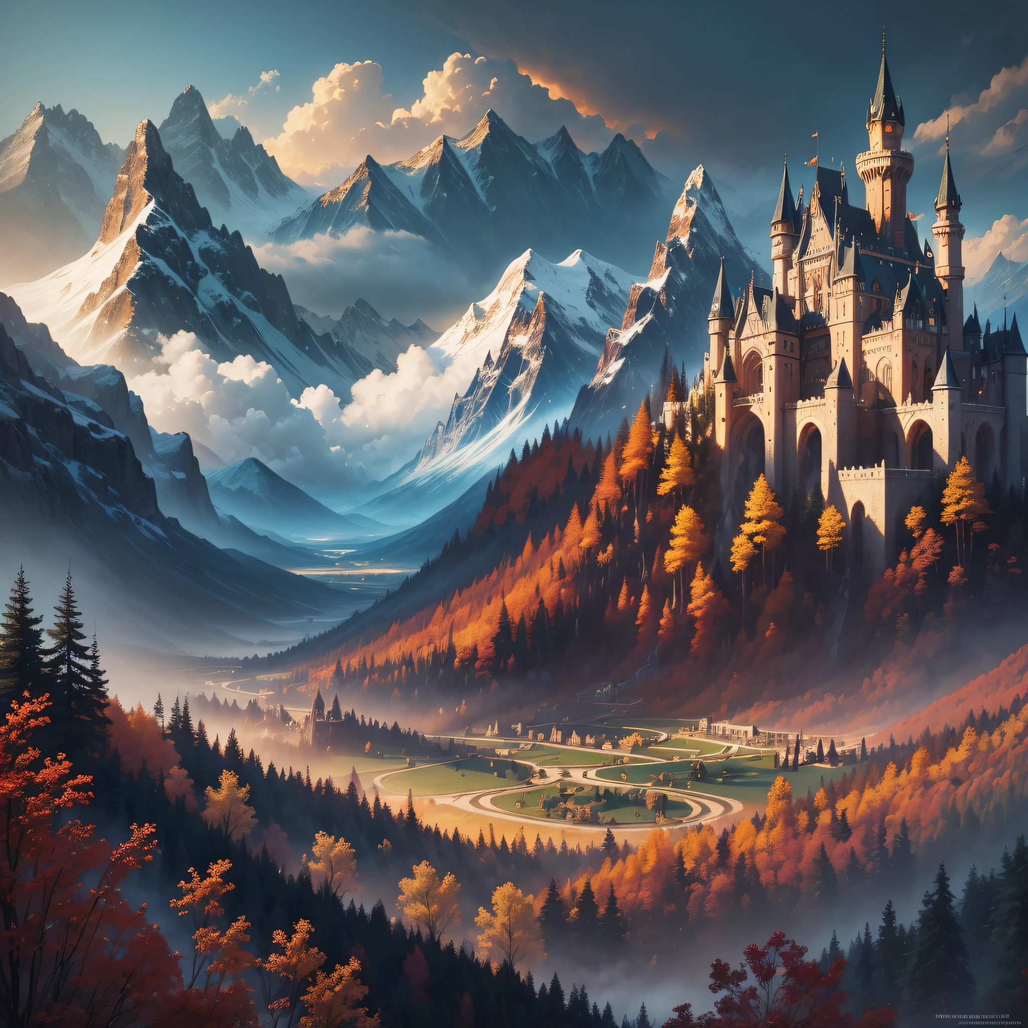 ((masterpiece)), (best quality), (detailed). A majestic fantasy landscape set during the golden hour, with towering mountains, cascading waterfalls, and a mystical castle in the distance. Photo level detail, fantasy realm, mountain range, flowing waterfalls, enchanting castle, warm and magical atmosphere, top lighting, vibrant and saturated colors, rule of thirds composition, concept art, trending on CGSociety. --auto --s2