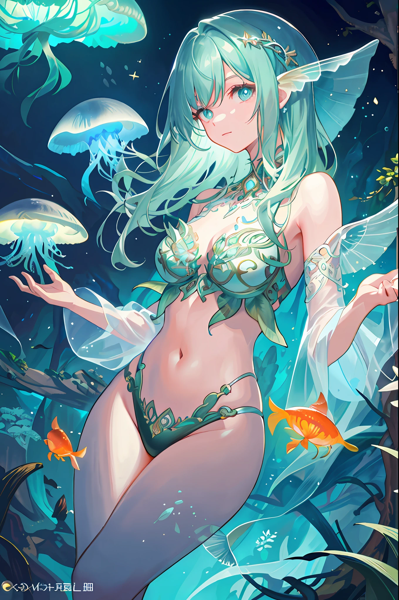 Masterpiece, High Quality, Ocean Forest, City, Fantastic Fantasy, Glowing Plants, Coral Viaduct, (Swarm of Glowing Jellyfish), (Shoal of Fish with Transparent Wings Flying in the Sky), Misty, Extreme Detail, Morning Light, Epic Composition, (Intricate Detail), (Intricate Design, Ultra Detail: 1.2), Art Station, (Masterpiece, Best Quality), Ultra HD, 32k --v 6