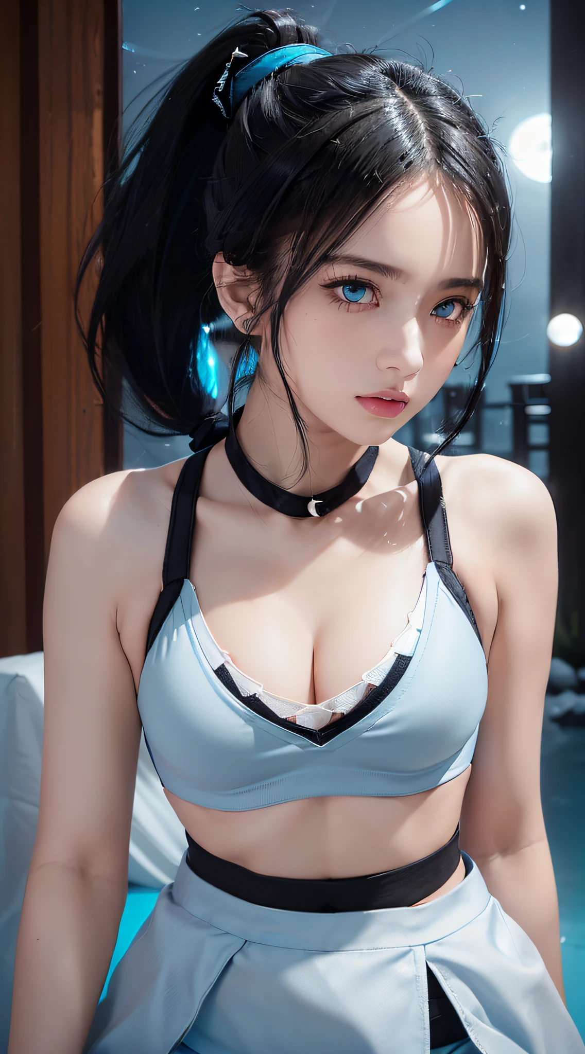 Realistic, one girl, (((black hair ponytail)), black eyes, shining eyes, ((light blue crop top)), (small bra)), ((deep cleavage)), ((light blue miniskirt)), (show white panties))), parted lips, blush, (outdoor), ((night)), (moon)), ((moonlight)), kind eyes, calm expression