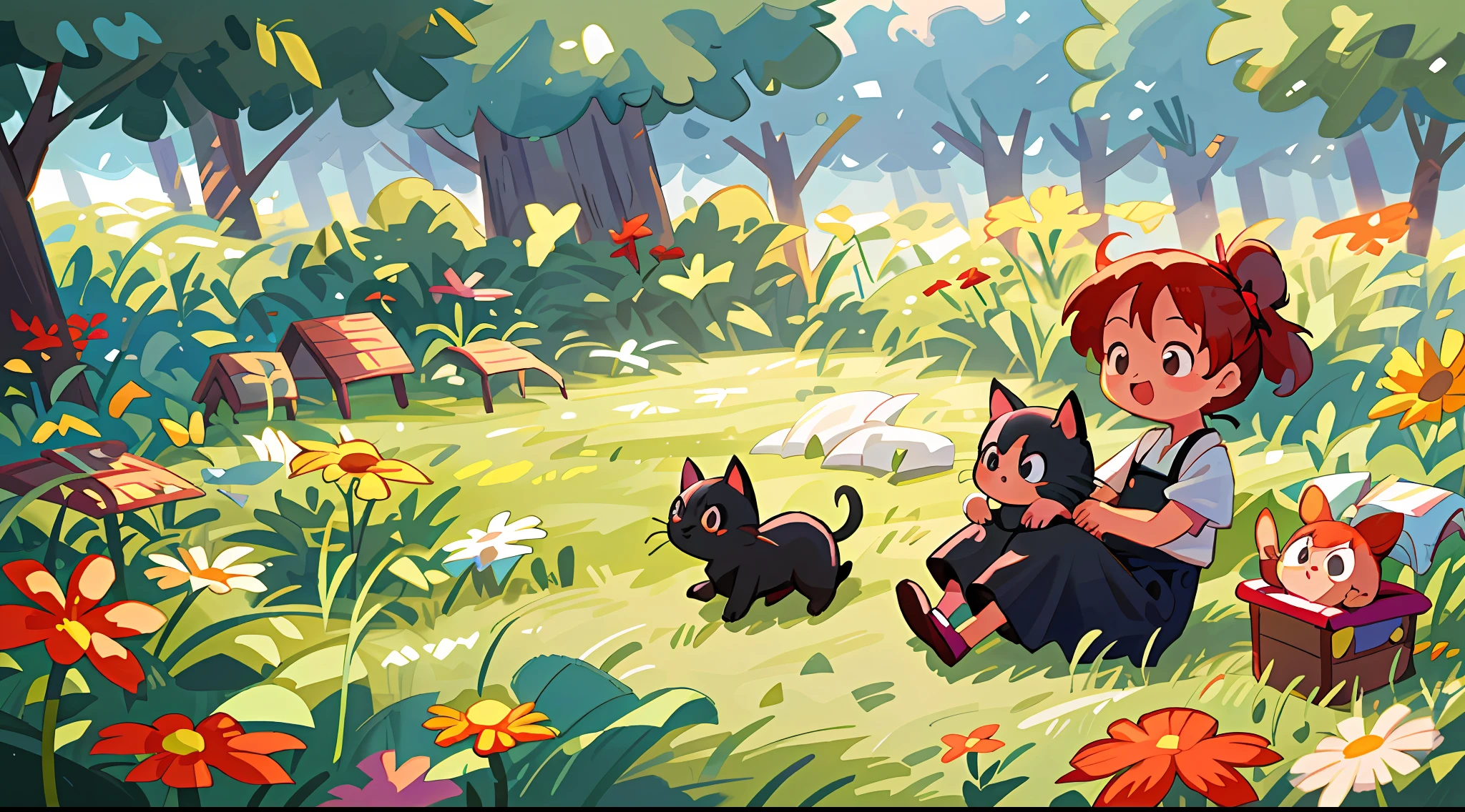 High Detail, Ultra Detail, 8K, Ultra High Resolution, Kiki, from Kiki's Delivery Service, child, toddler, enjoying her time in the open field, surrounded by the beauty of nature and books, warm sun sprinkling on her, wildflowers gently swaying in the breeze. Butterflies and birds flutter around her, adding to the playful atmosphere, red hair tie, with a little black cat Jiji