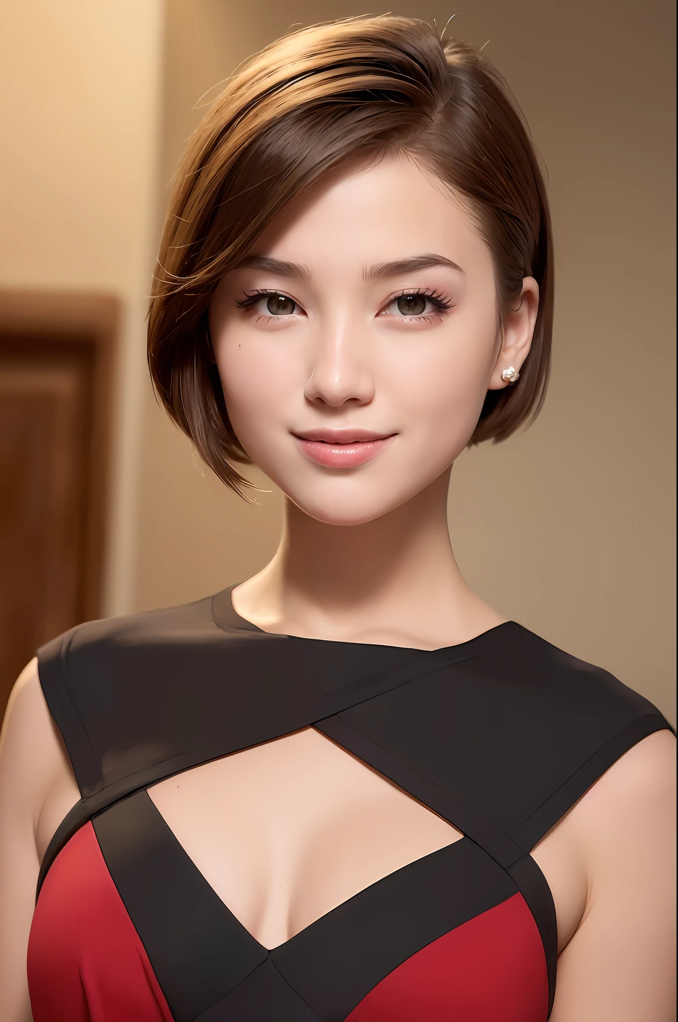 (8K, Best Quality, Masterpiece: 1.2), (Realistic, Photorealistic: 1.37), Super Detail, 1 Girl, Cute, Solo, (Redness of the Nose), (Smile: 1.15), (Mouth Closed) Small, Beautiful Eyes, (Short Hair: 1.2), Floating Hair Novafrog style, upper body