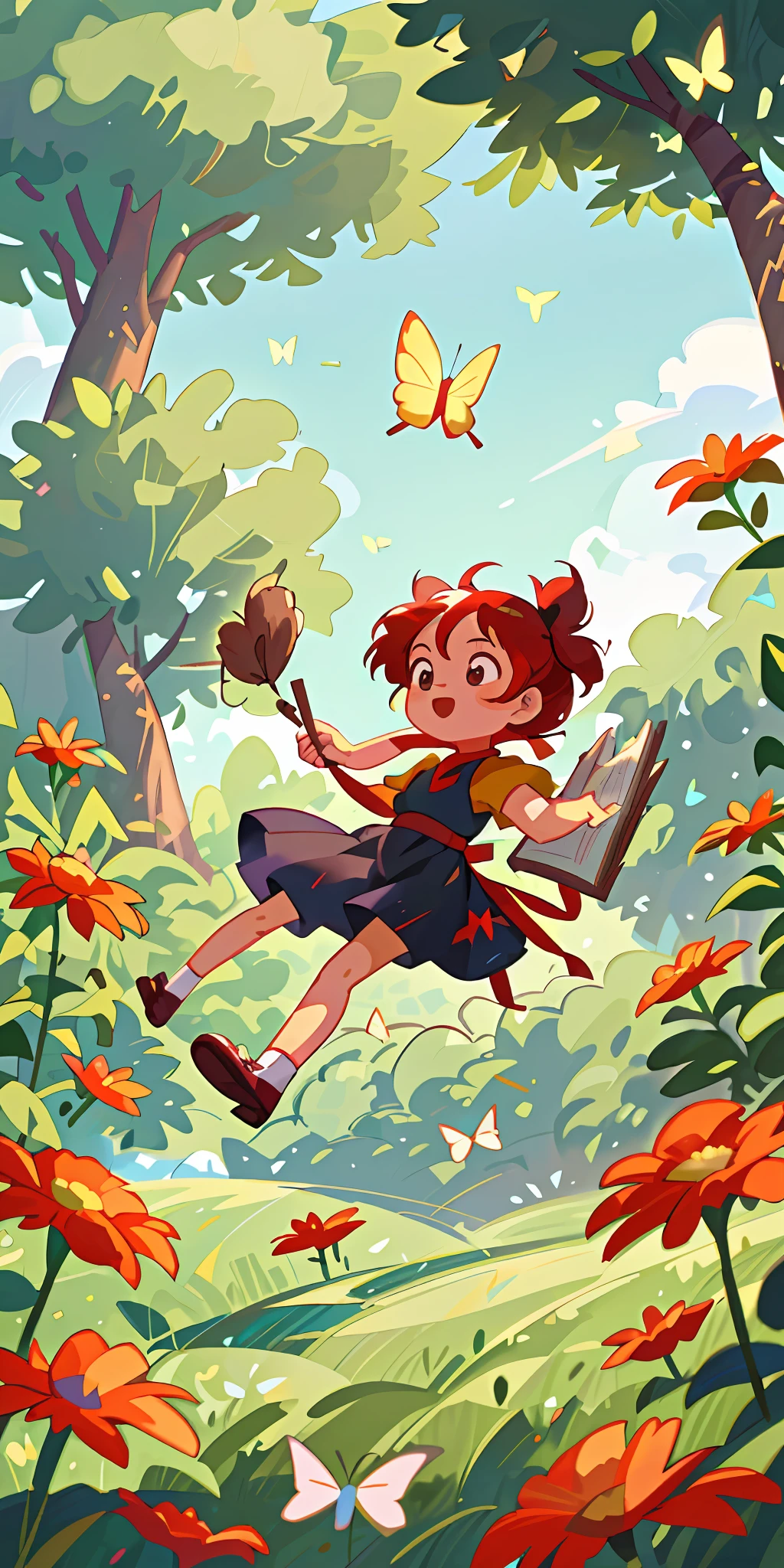 High Detail, Ultra Detail, 8K, Ultra High Resolution, Kiki, from Kiki's Delivery Service, , enjoying her time in the open field, surrounded by the beauty of nature and books, warm sun sprinkling on her, wildflowers gently swaying in the breeze. Butterflies and birds flutter around her, adding to the playful atmosphere, red hair tie