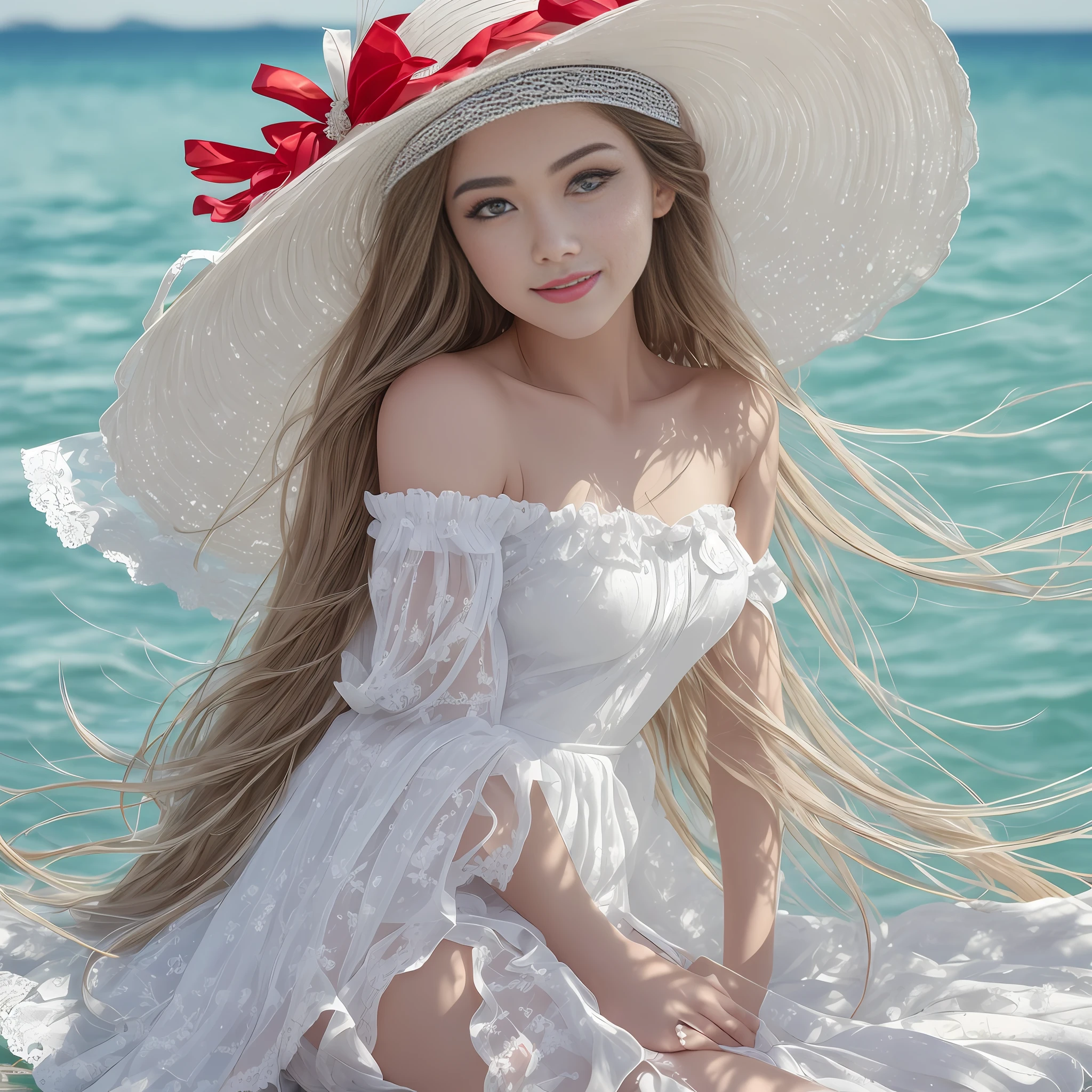 (8K:1.27), Best Quality, Masterpiece, Ultra High Resolution:1.2 On the seaside reef Sit sideways Smile back Beautiful woman in white dress Bright eyes Red lips Sweet smile Pastoral straw hat Fancy gauze hat Flying in the wind Delicate facial features 8K HD Small white booties Best ratio Large aperture Bokeh 1.4 aperture Background is blue sea Splashing Girl thin waist Long legs HD skin Sweet look Dreamy aesthetic Ultra-detailed face, highly detailed lips, detailed eyes, double eyelids, long eyelashes --auto --s2