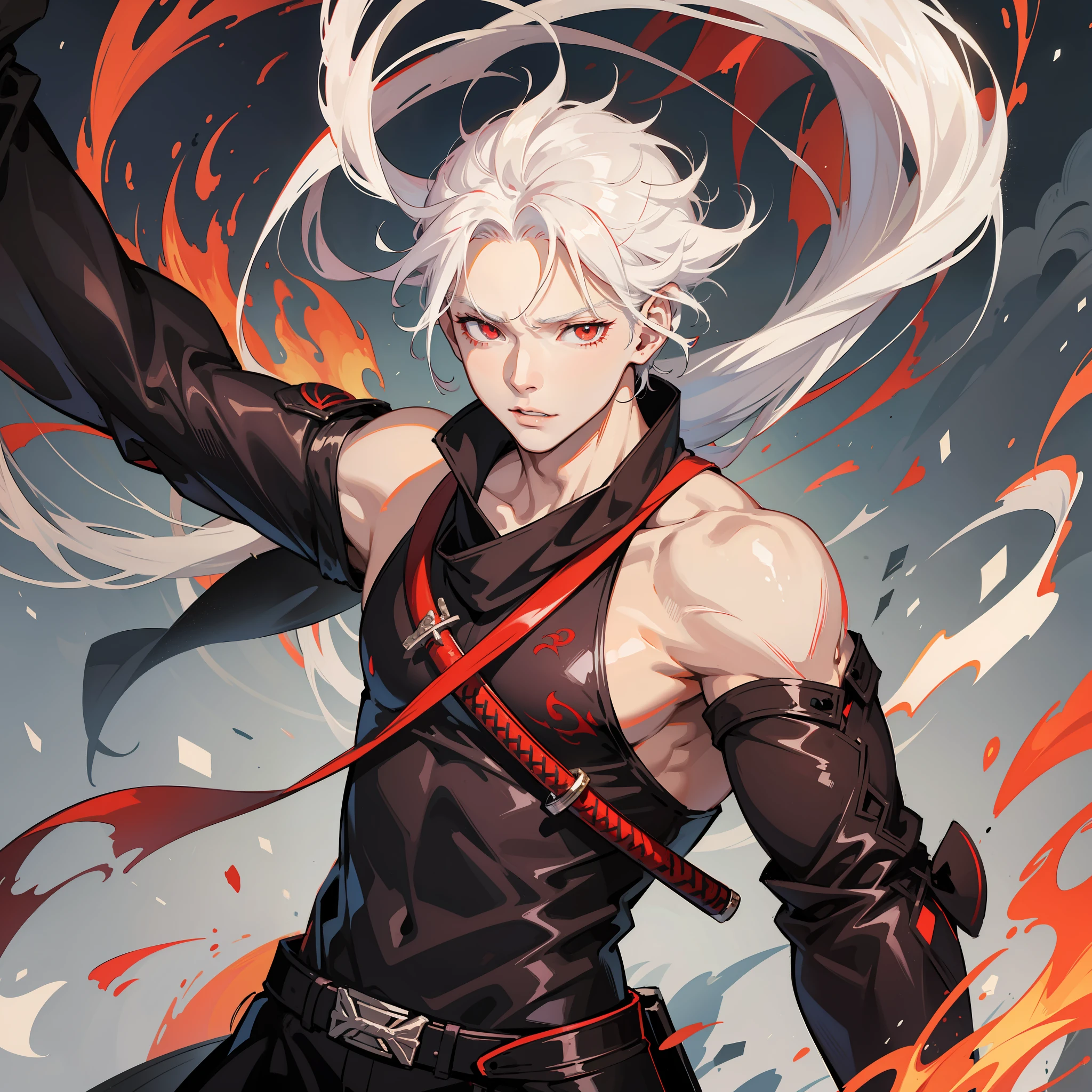 A young albino man with white hair and bright red eyes very muscle holding a fire-covered katana standing, anime