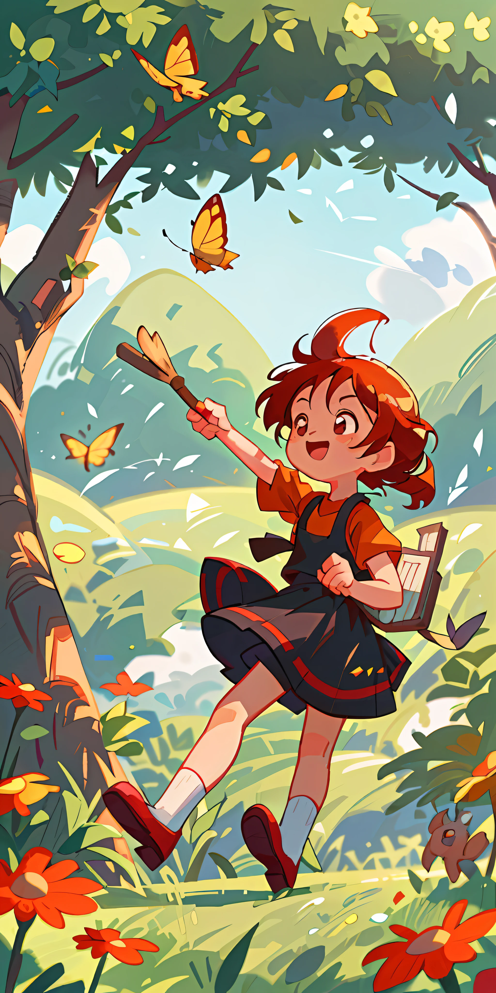 High Detail, Ultra Detail, 8K, Ultra High Resolution, Kiki, from Kiki's Delivery Service, , enjoying her time in the open field, surrounded by the beauty of nature and books, warm sun sprinkling on her, wildflowers gently swaying in the breeze. Butterflies and birds flutter around her, adding to the playful atmosphere, red hair tie