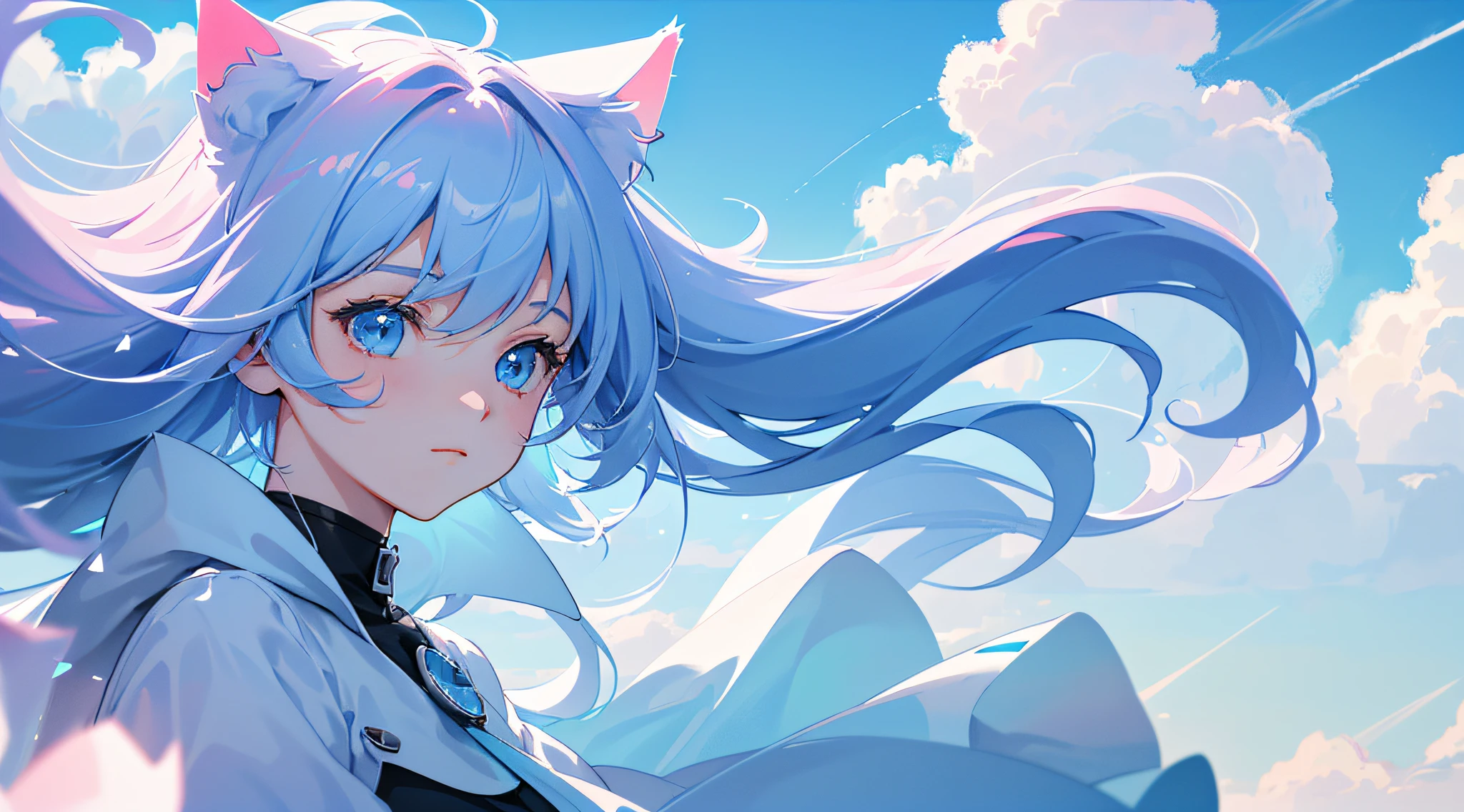 masterpiece, top quality, film stills, one girl, floating in the sky, cloud girl, clouds, (close-up: 1.1), bright, happy, fun, soft lighting, (Bauhaus, shape, line, abstract: 1.1), pink and blue two-color hair, cat ears