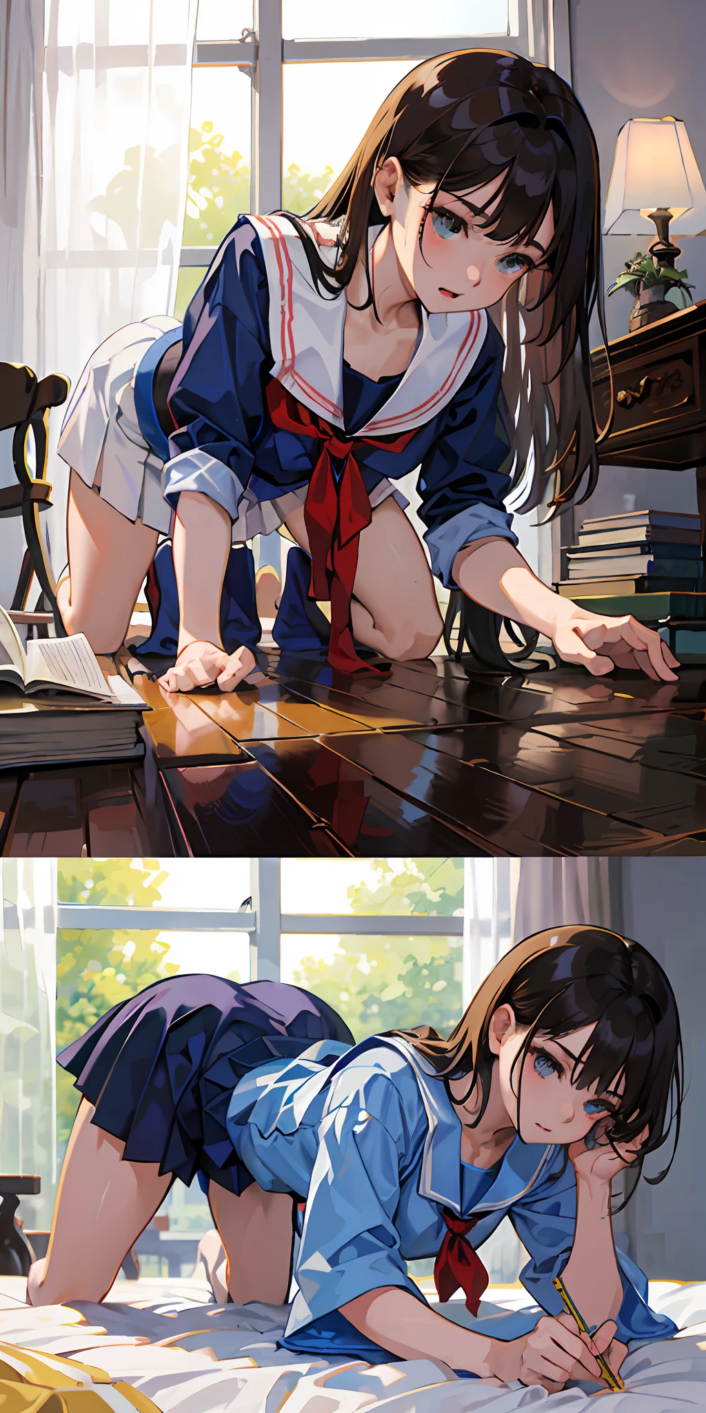 masterpiece, top quality, high resolution, solo, small, indoor, on all fours, from below, anger, bed, rough breath, sexual expression, japanese school uniform