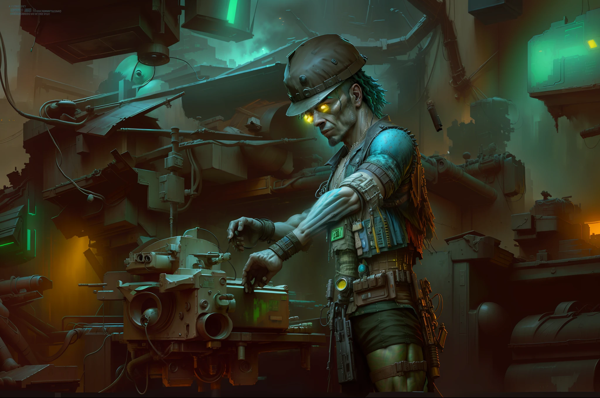 (masterpiece) highly detailed RAW, a post-apocalyptic man, cyberpunk city themed rainbow vivid, hassanfantasy style, by Jeremy Mann and Donato Giancola ultra realistic highly detailed intricate photorealistic