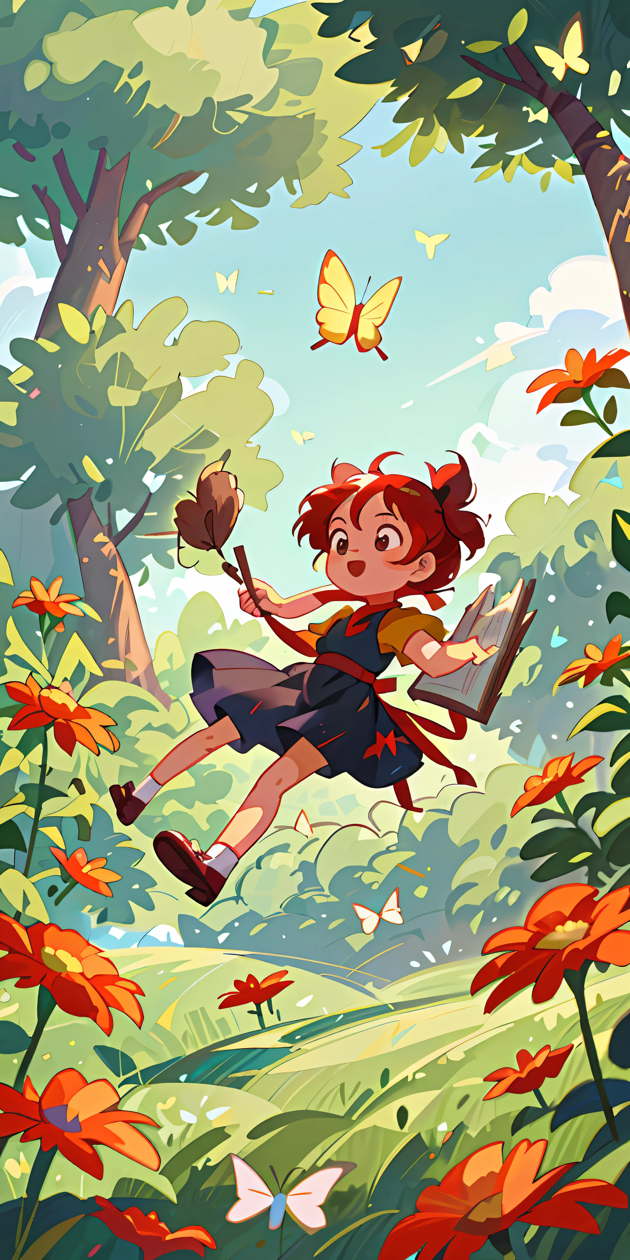 High Detail, Ultra Detail, 8K, Ultra High Resolution, Kiki, from Kiki's Delivery Service, , enjoying her time in the open field, surrounded by the beauty of nature and books, warm sun sprinkling on her, wildflowers gently swaying in the breeze. Butterflies and birds flutter around her, adding to the playful atmosphere, red hair tie