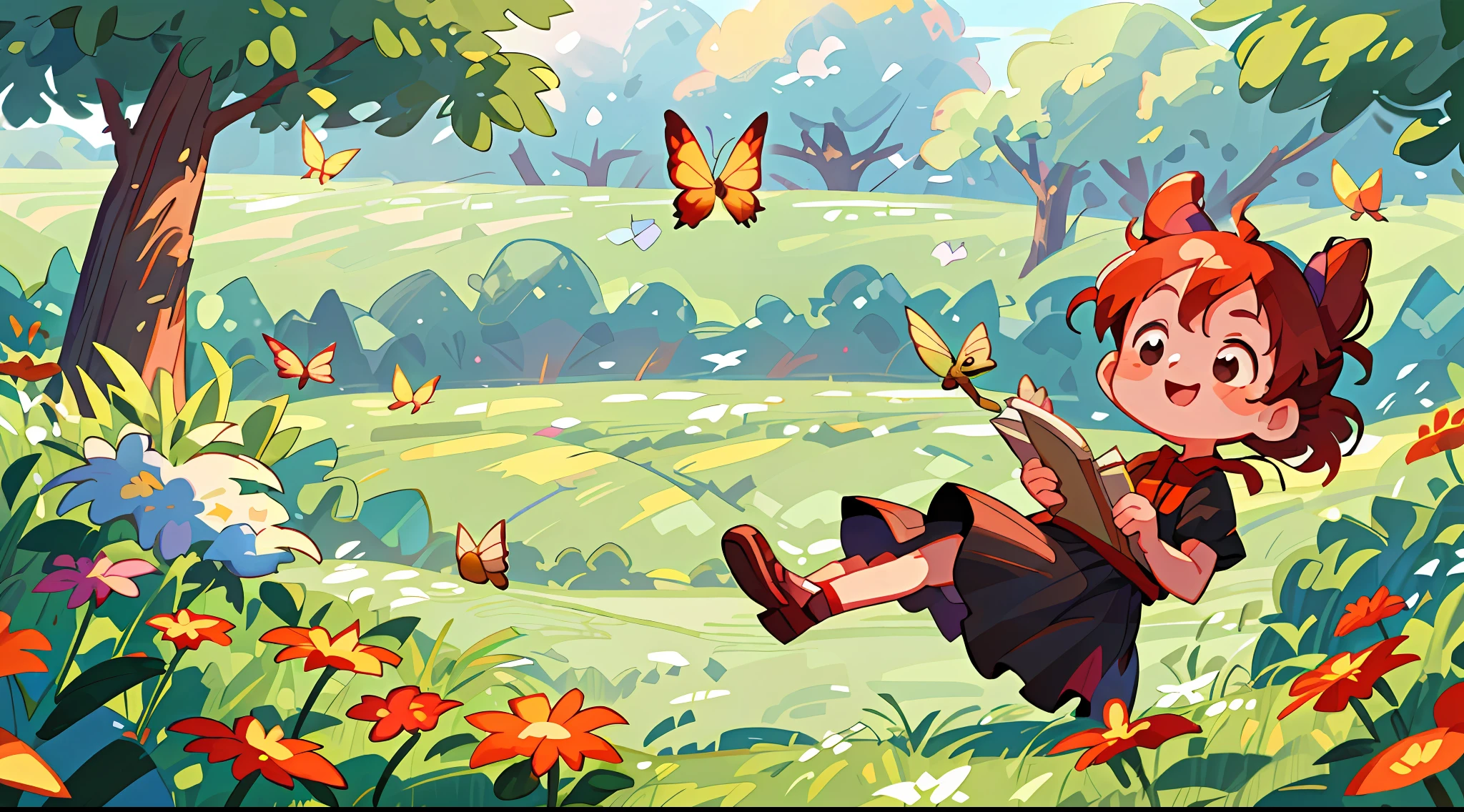 High Detail, Ultra Detail, 8K, Ultra High Resolution, Kiki, from Kiki's Delivery Service, child, toddler, enjoying her time in the open field, surrounded by the beauty of nature and books, warm sun sprinkling on her, wildflowers gently swaying in the breeze. Butterflies and birds flutter around her, adding to the playful atmosphere, red hair tie