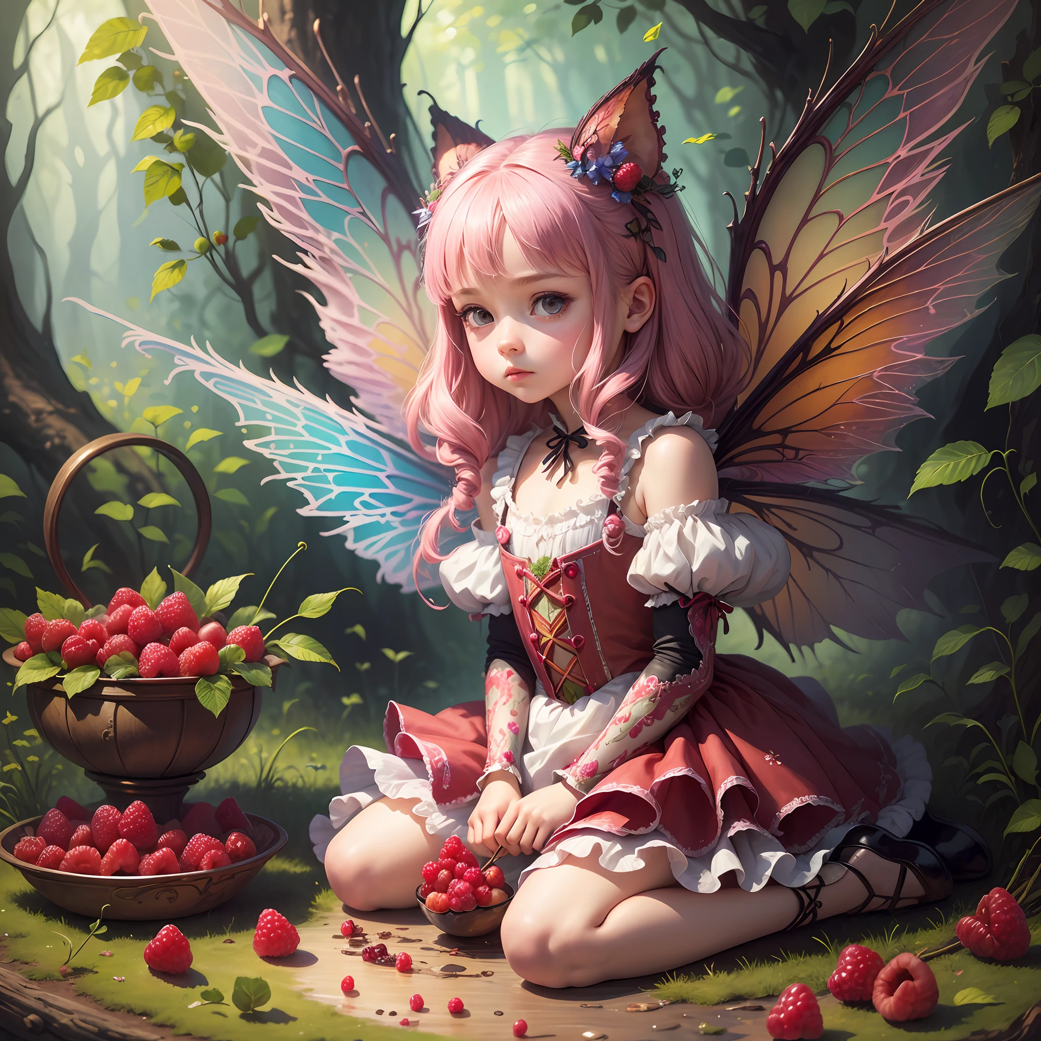 ( Absurd, High quality, ultra-detailed, masterpiece, concept art, smooth, highly detailed artwork, hyper-realistic painting ) , , Raspberry girl, Raspberries, fairy wings, fairytale, Romantic, Vivid, whole body, in wonderland, own unique